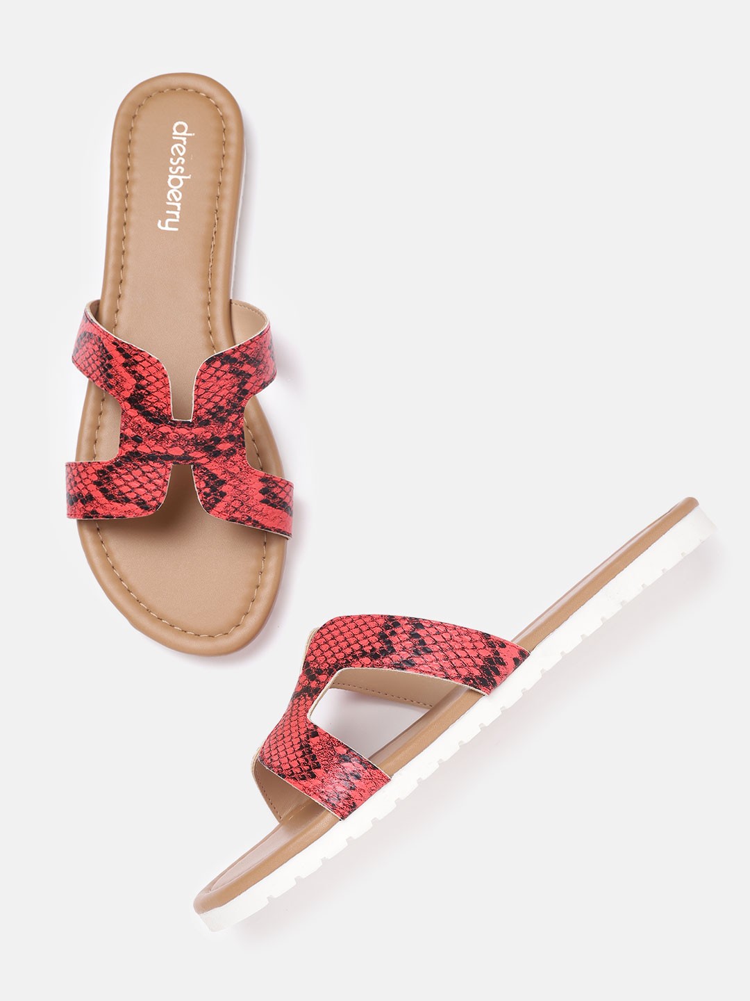 

DressBerry Women Red & Black Snakeskin Print Open Toe Flats with Cut-Out Detail