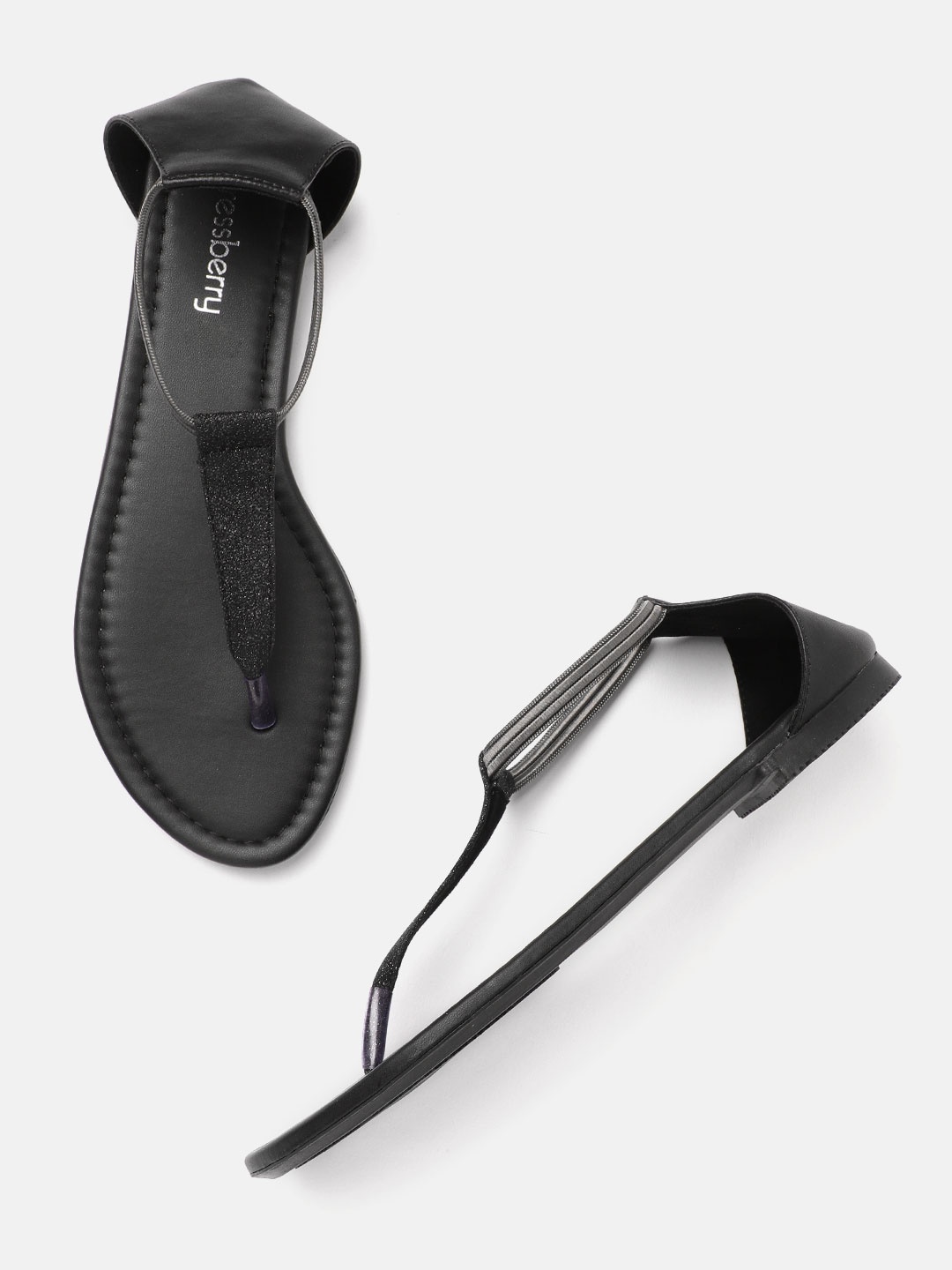 

DressBerry Women Black Shimmer T-Strap Flats