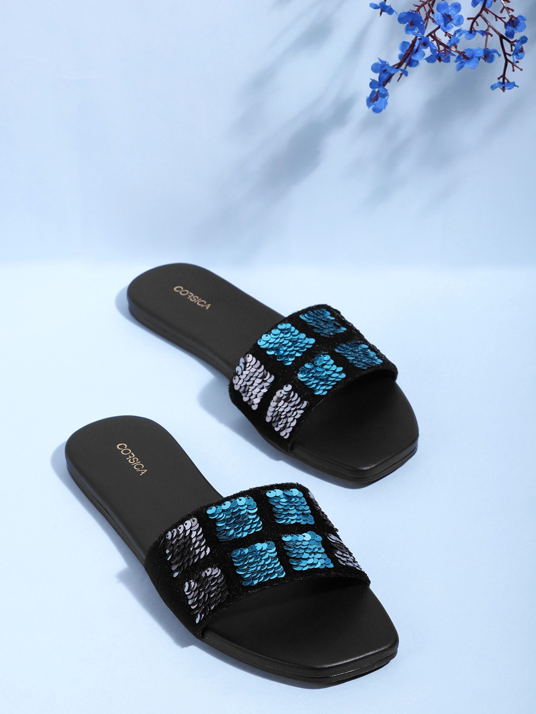 

CORSICA Women Blue & Silver-Toned Sequinned Open Toe Flats