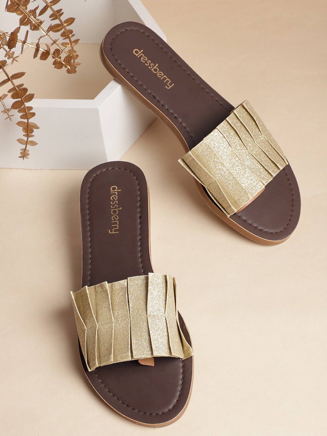 

DressBerry Women Gold-Toned Shimmer Open Toe Flats with Pleated Detail