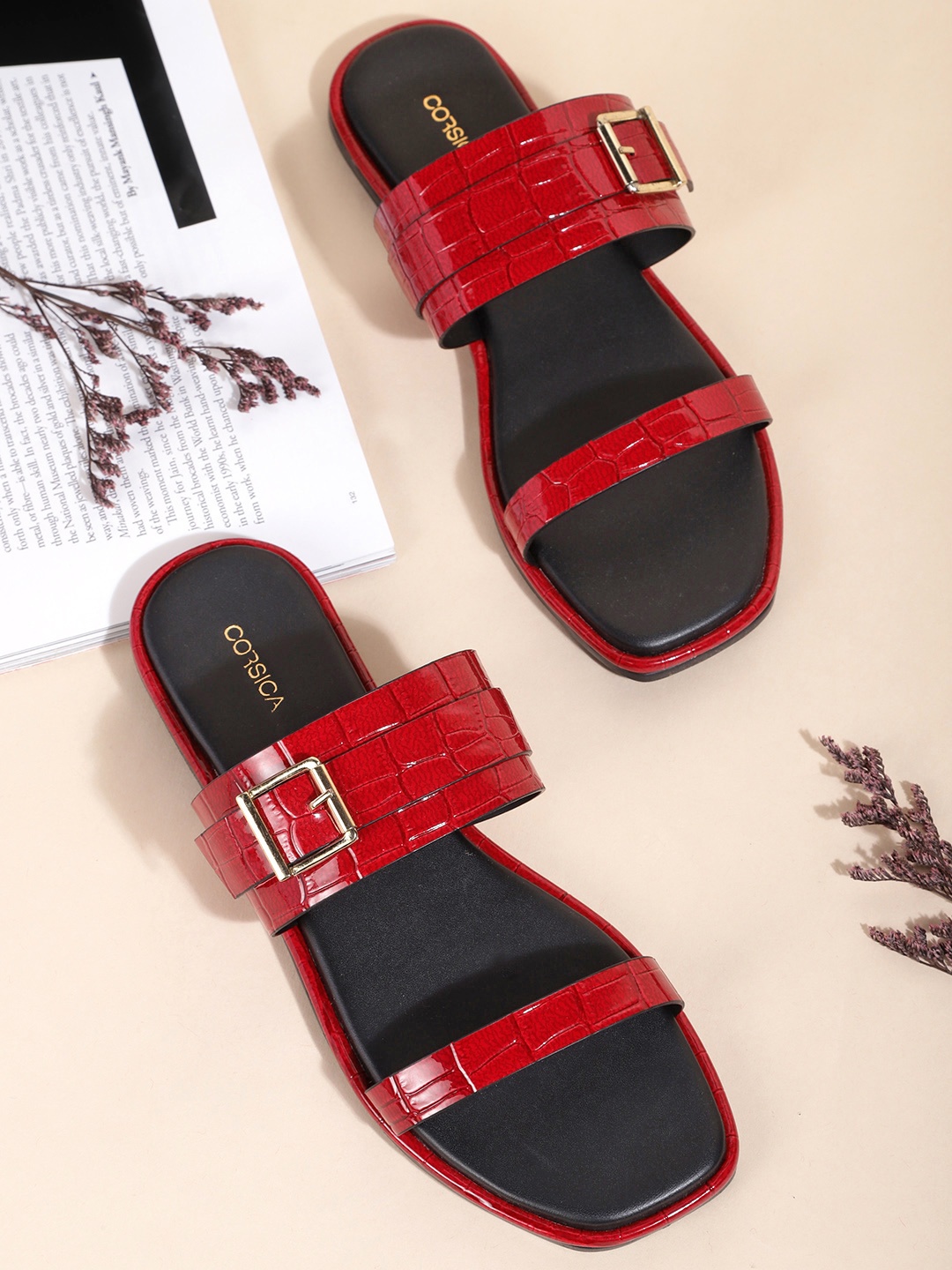 

CORSICA Women Red Croc Textured Glossy Finish Open Toe Flats with Buckles