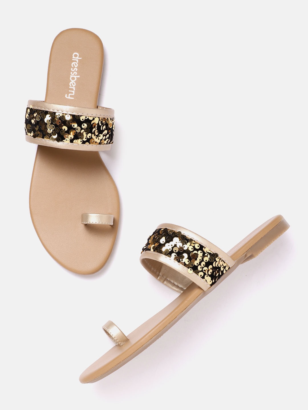 

DressBerry Women Gold-Toned & Black Sequinned Ethnic One Toe Flats