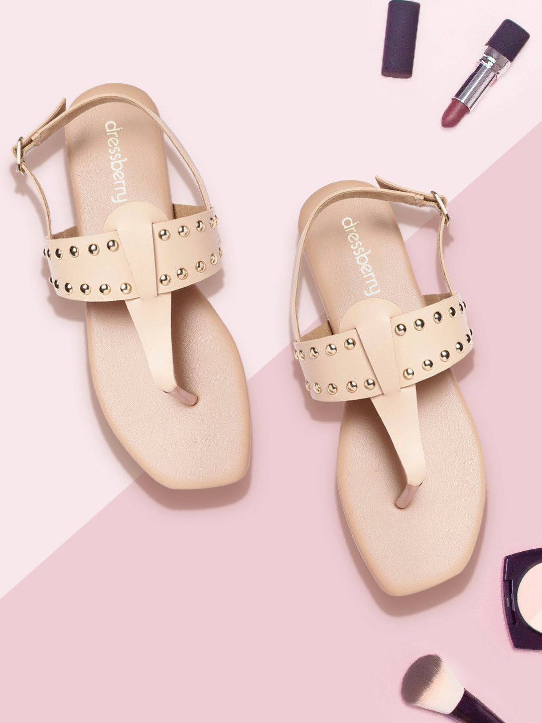 

DressBerry Women Beige Solid T-Strap Flats with Rivet Detail