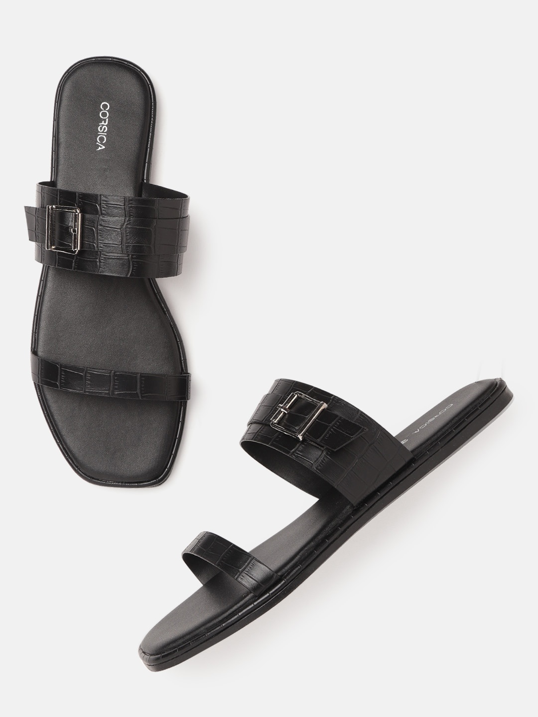 

CORSICA Women Black Croc Textured Open Toe Flats with Buckles