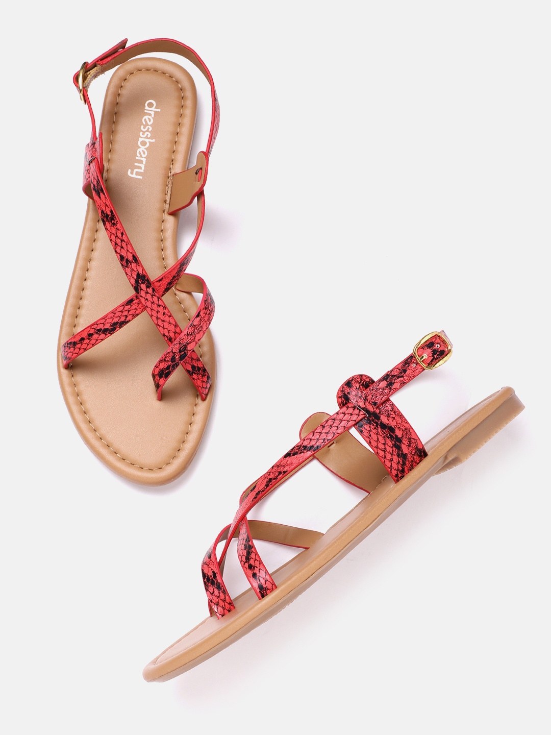 

DressBerry Women Coral Red & Black Snakeskin Textured Strappy One Toe Flats