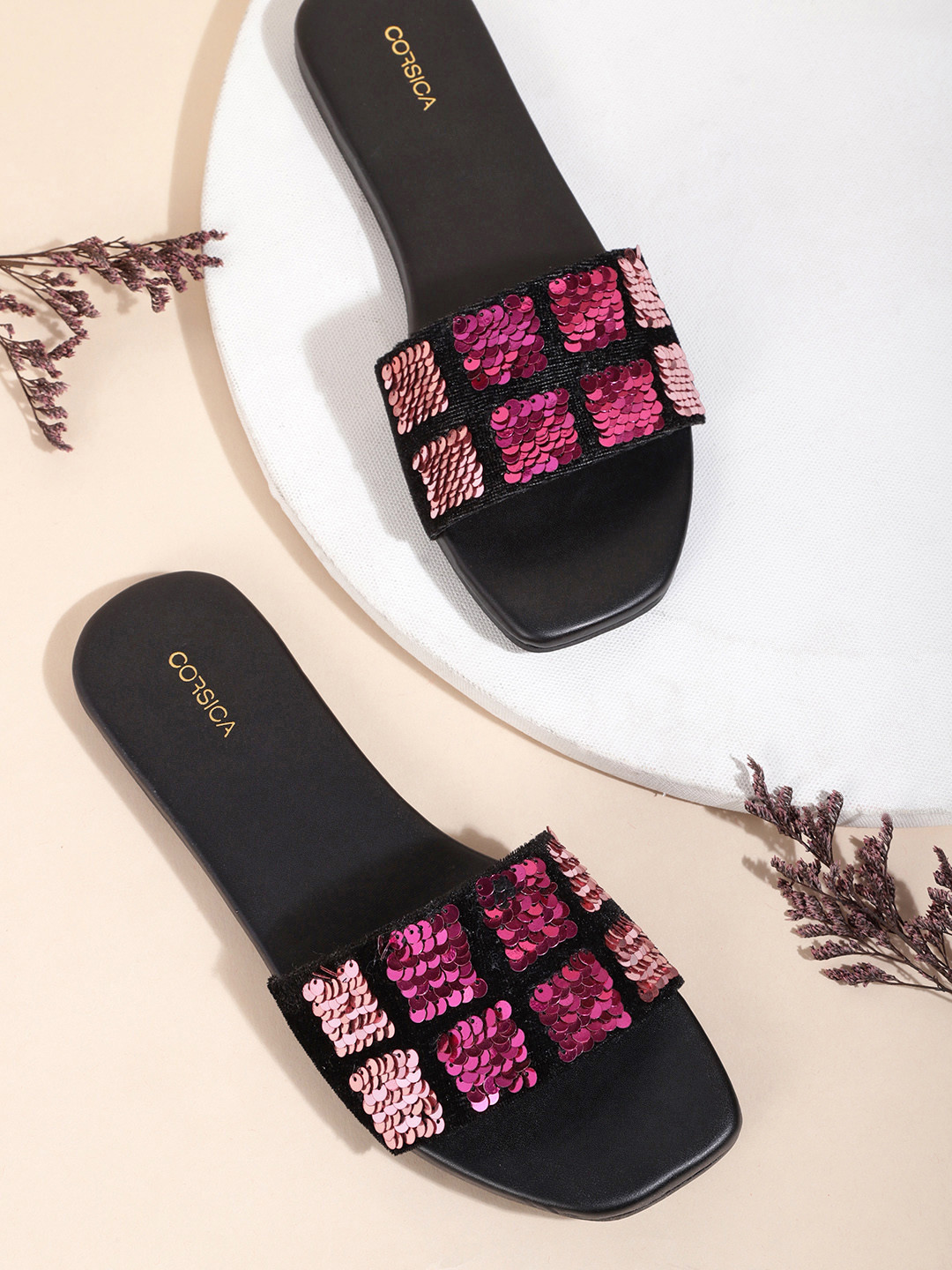 

CORSICA Women Black & Pink Sequinned Open Toe Flats