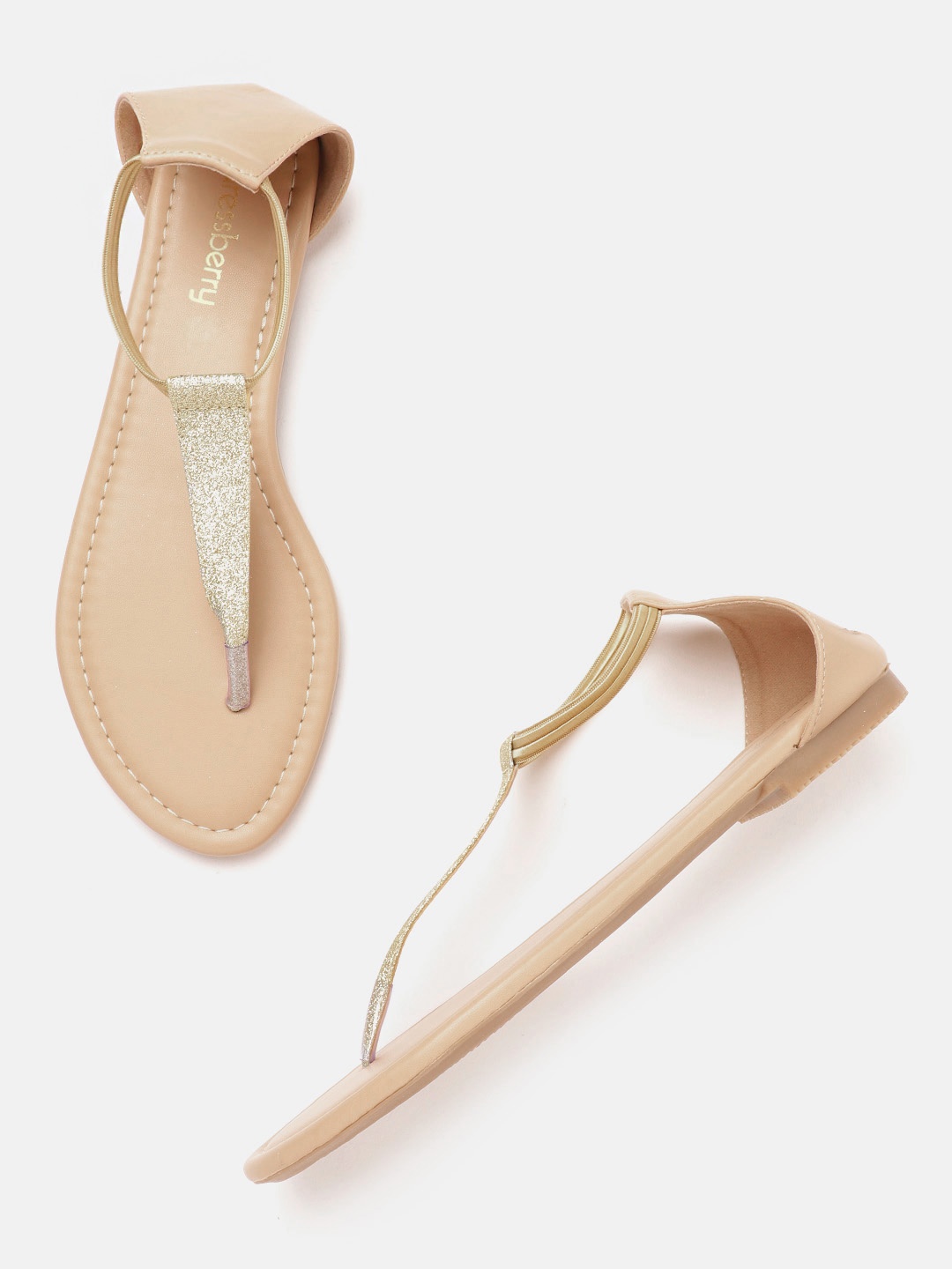 

DressBerry Women Gold-Toned & Beige Shimmer T-Strap Flats