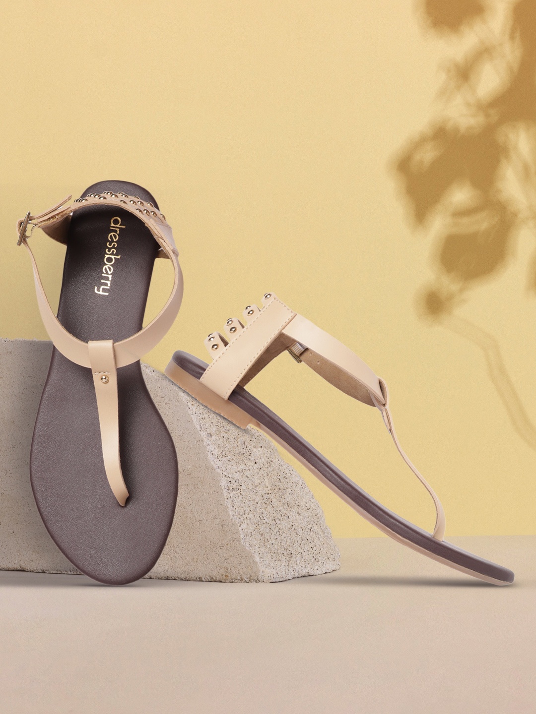 

DressBerry Women Beige Embellished T-Strap Flats