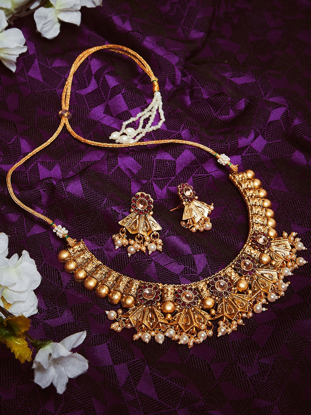 

PANASH Gold-Plated & Off White Stone-Studded & Pearl-Beaded Jewellery Set