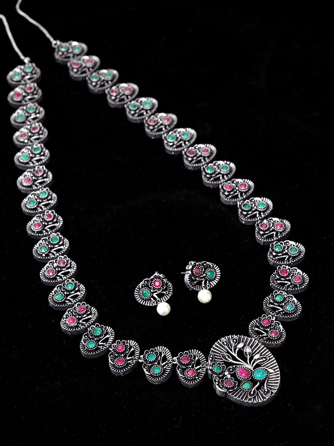 

PANASH Oxidised Silver-Plated Pink & Green Stone-Studded & Beaded Jewellery Set
