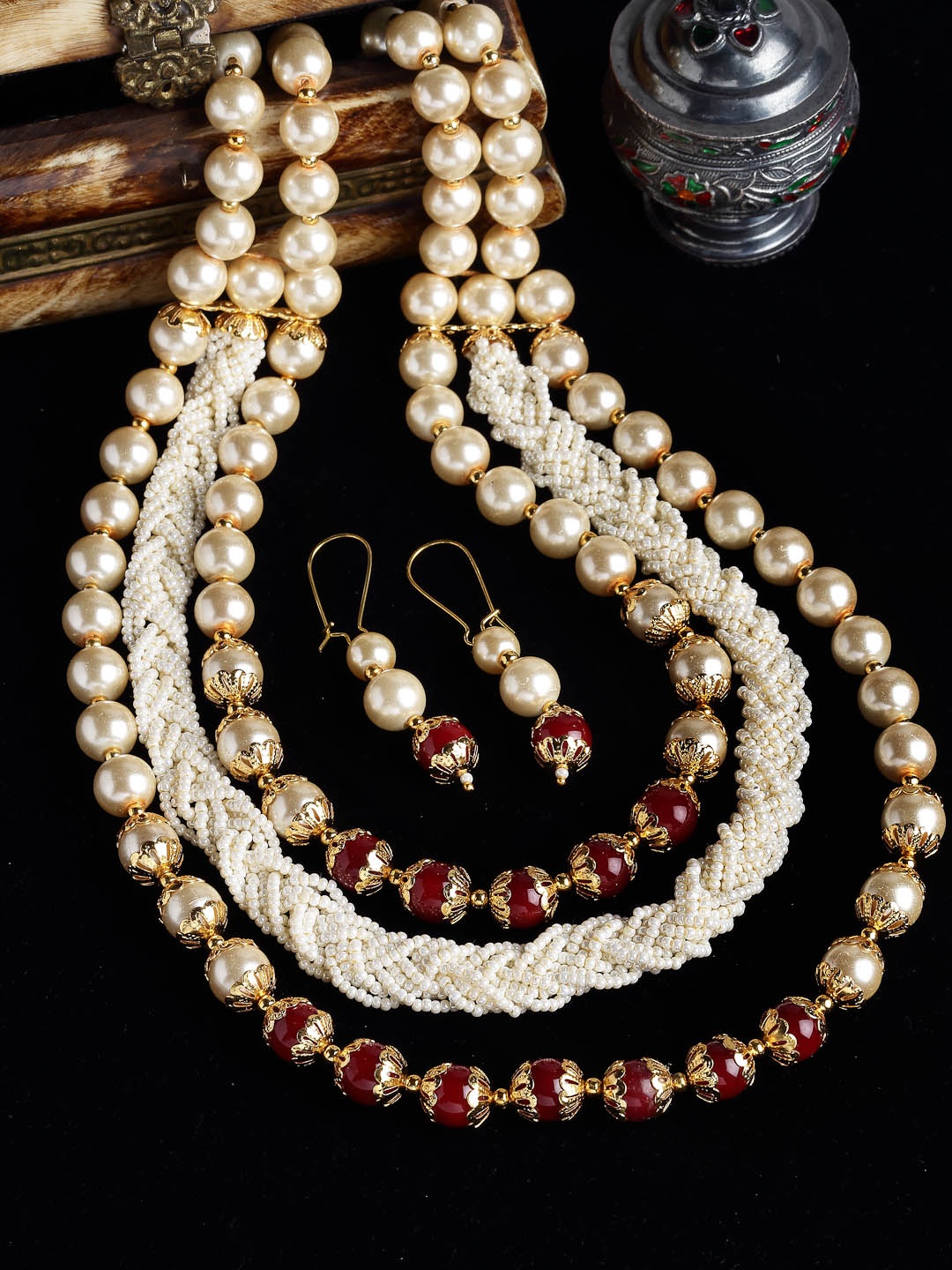 

PANASH Gold-Plated Maroon & White Pearl Beaded Handcrafted Jewellery Set