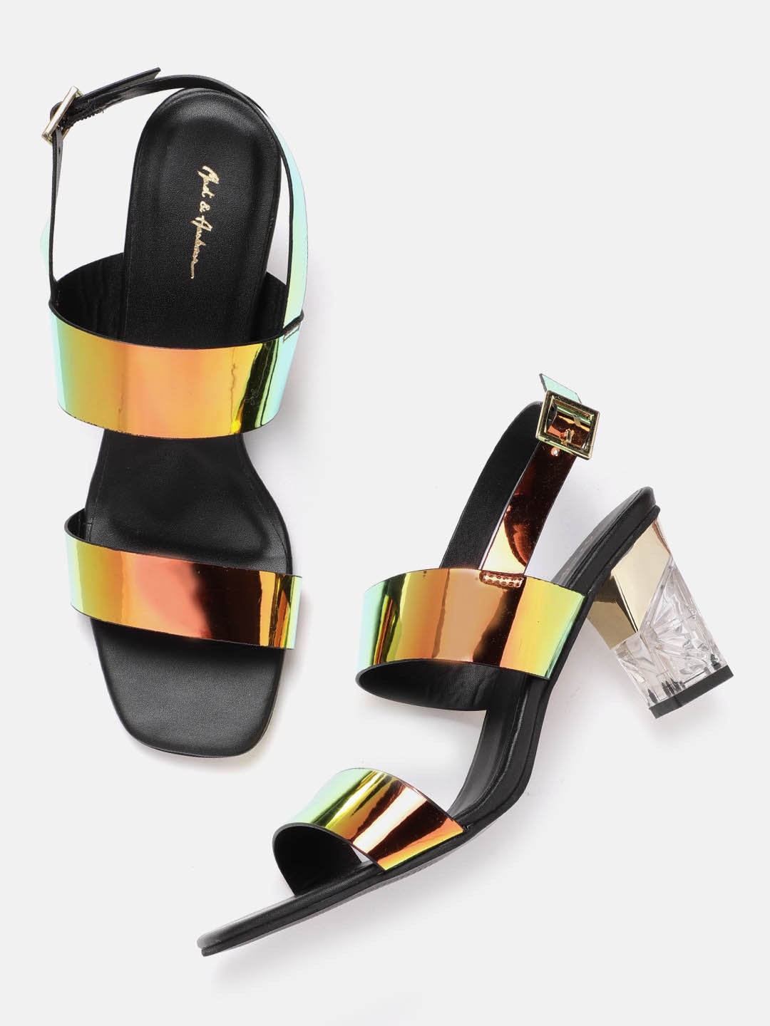 

Mast & Harbour Gold-Toned & Green Iridescent Effect Block Heels
