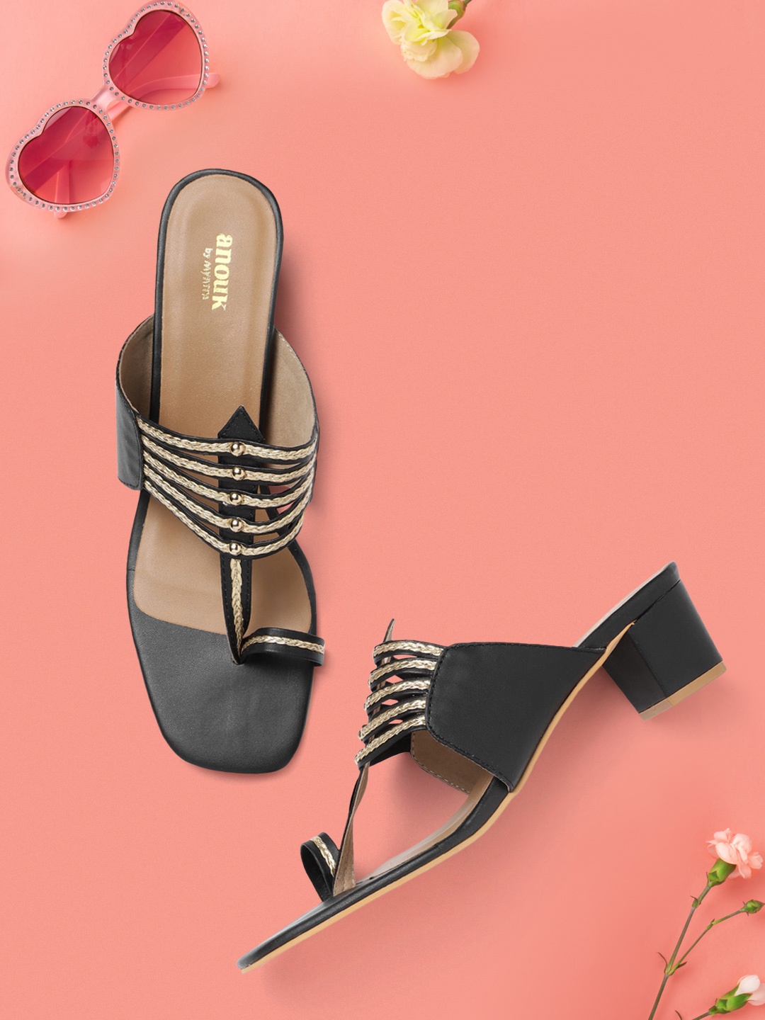 

Anouk Black & Gold-Toned Braided Ethnic Block Heels