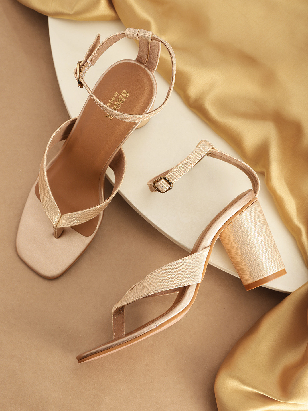 

Anouk Women Gold-Toned Shimmer Effect Block Heels