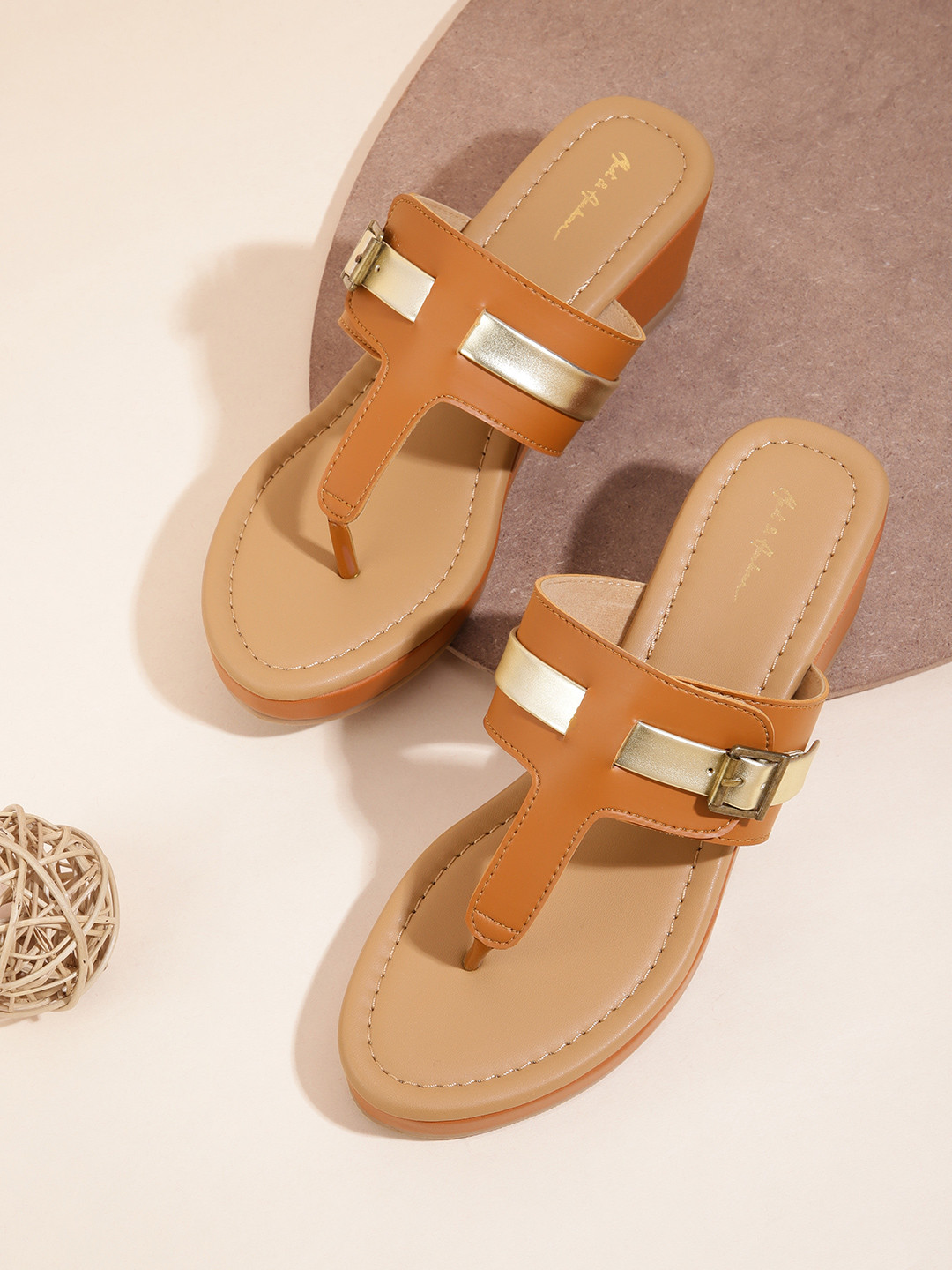 

Mast & Harbour Tan & Gold-Toned Striped Wedges with Buckles