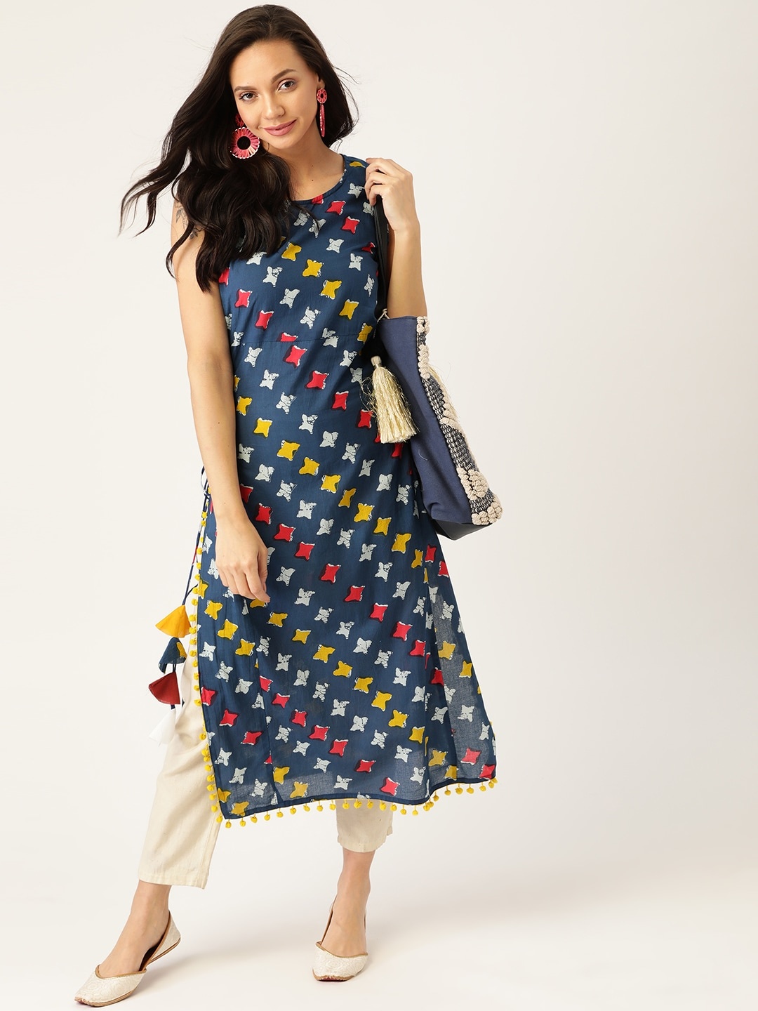 

Sangria Women Navy Blue & Yellow Ethnic Motifs Printed Pure Cotton Kurta