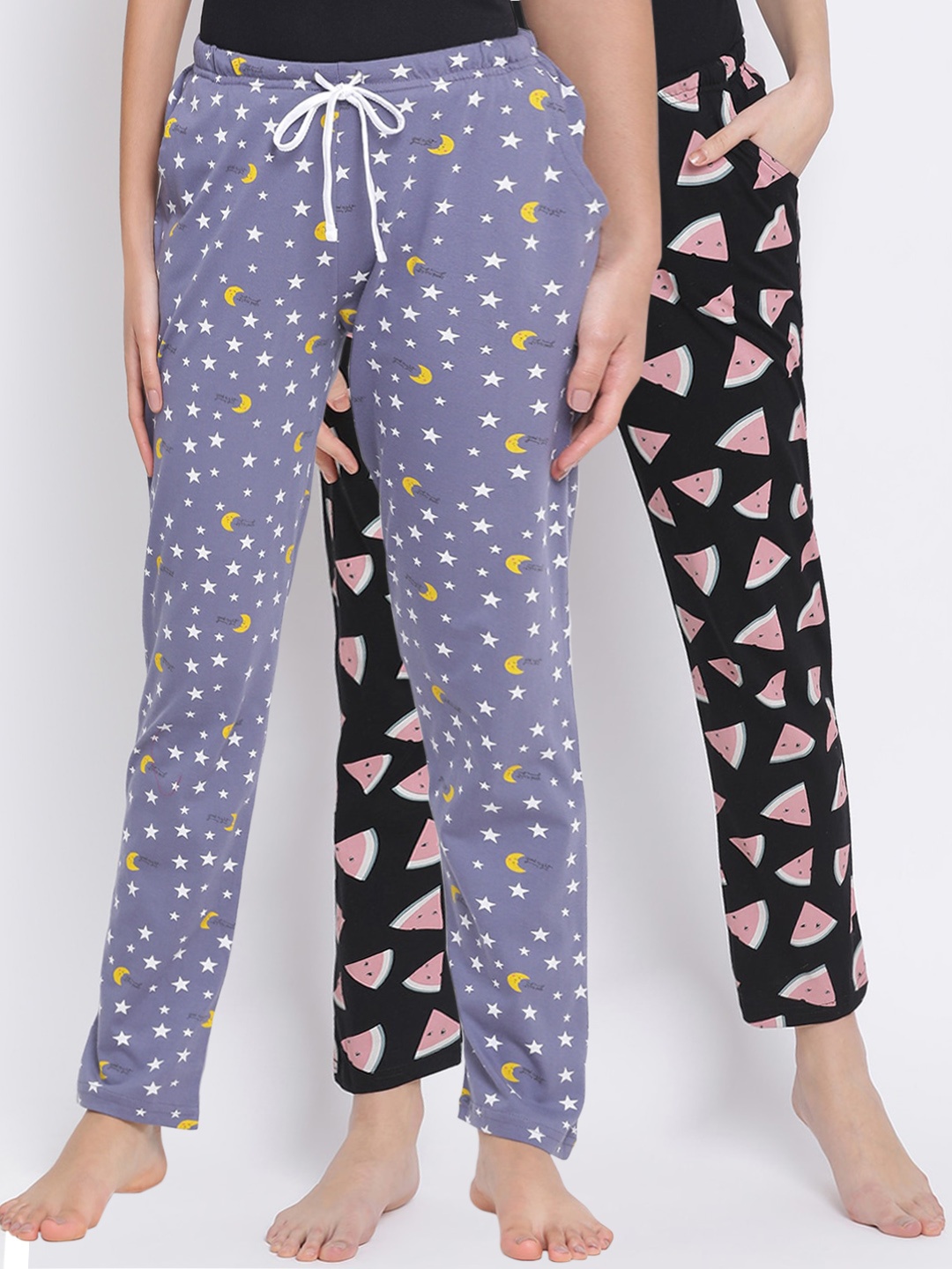 

Kanvin Women Pack of 2 Printed Pure Cotton Lounge Pants, Black