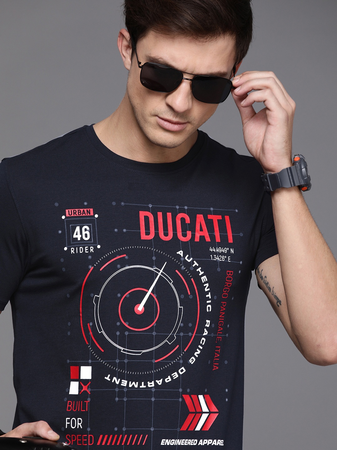 

Ducati Men Navy Blue Biker Printed Round Neck T-shirt