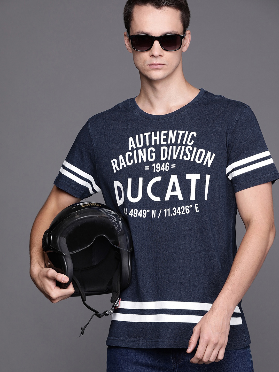 

Ducati Men Navy Blue White Pure Cotton Brand Logo Printed Pure Cotton T-shirt