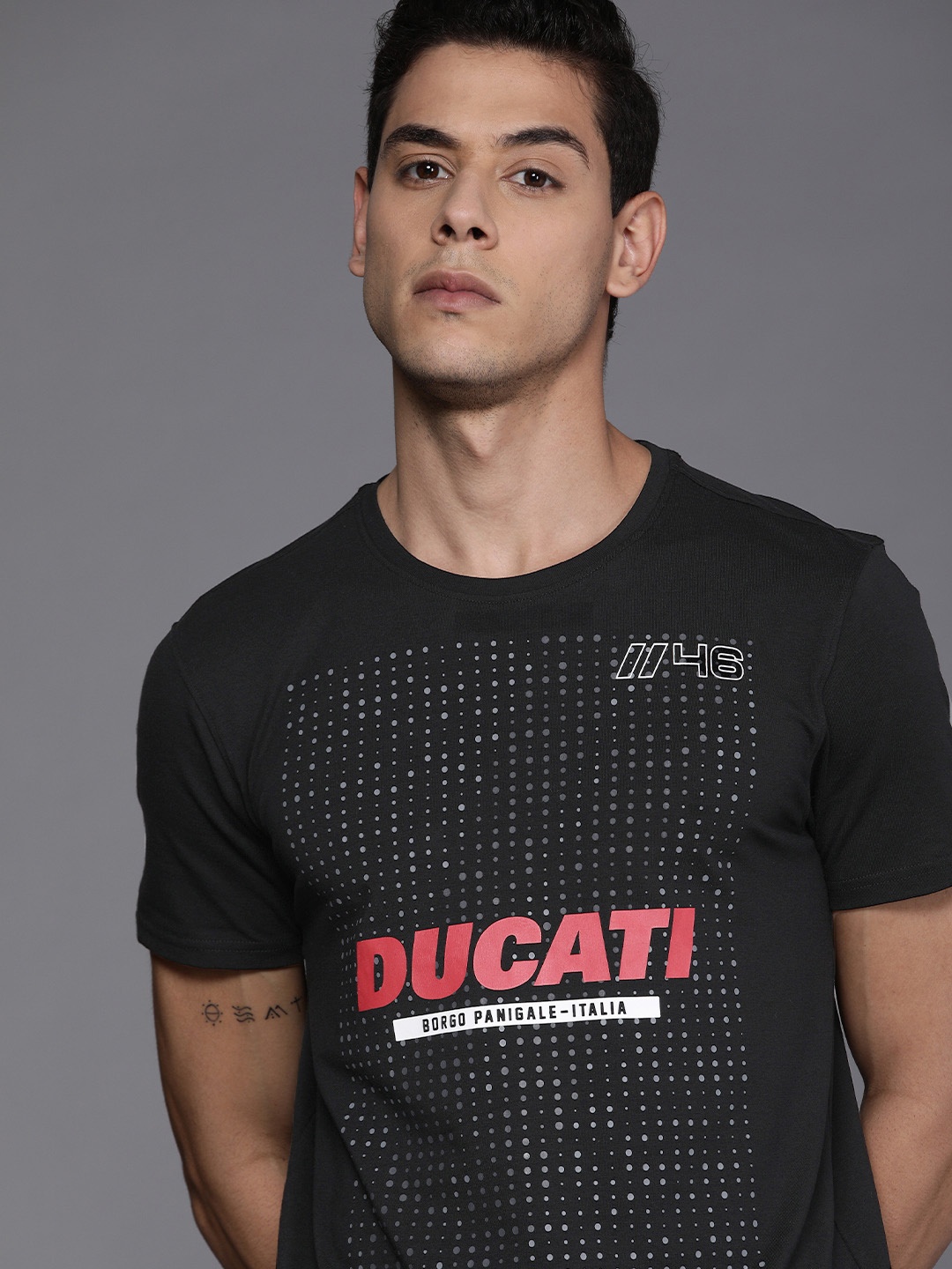 

Ducati Men Black & Grey Brand Logo & Polka Dot Printed T-shirt
