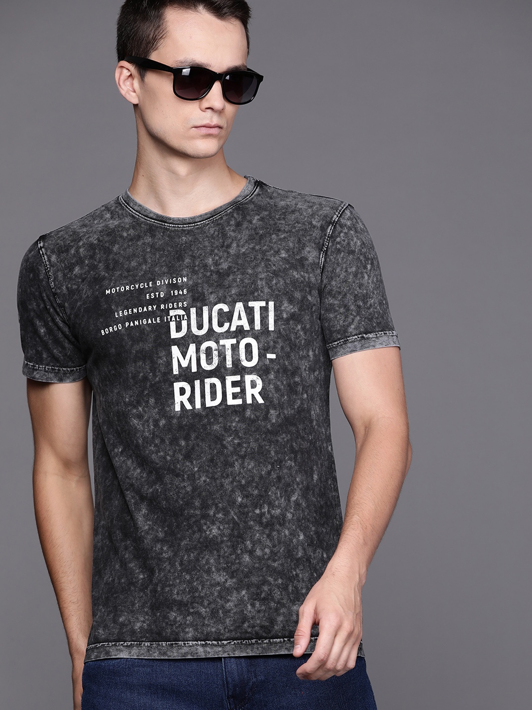 

Ducati Men Charcoal Grey White Pure Cotton Biker Printed Pure Cotton T-shirt