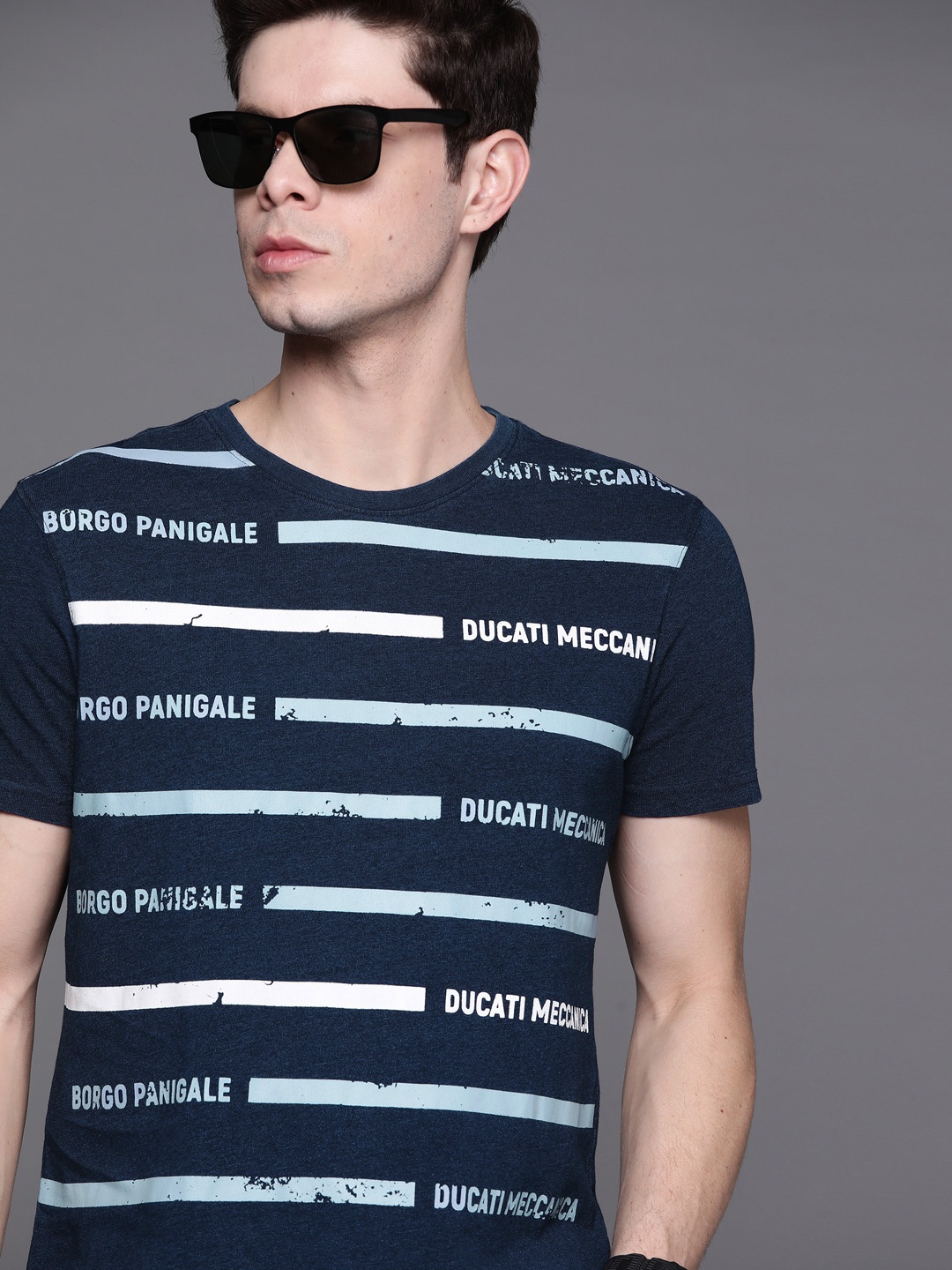 

Ducati Men Navy Blue & White Pure Cotton Striped T-shirt