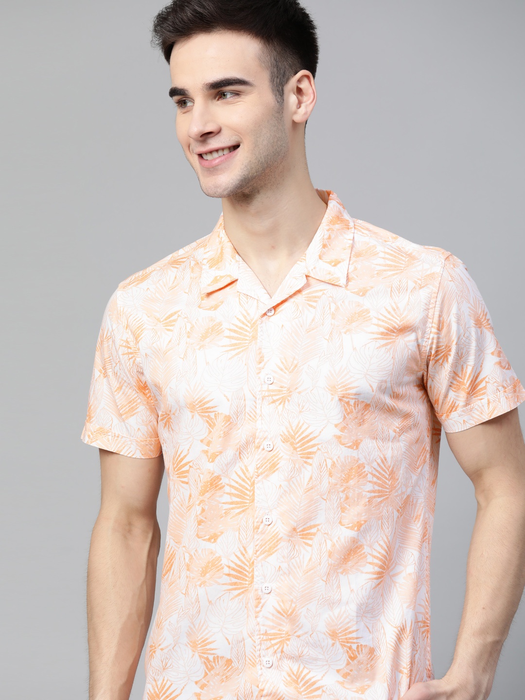 

HERE&NOW Men Orange & White Slim Fit Pure Cotton Floral Print Casual Shirt