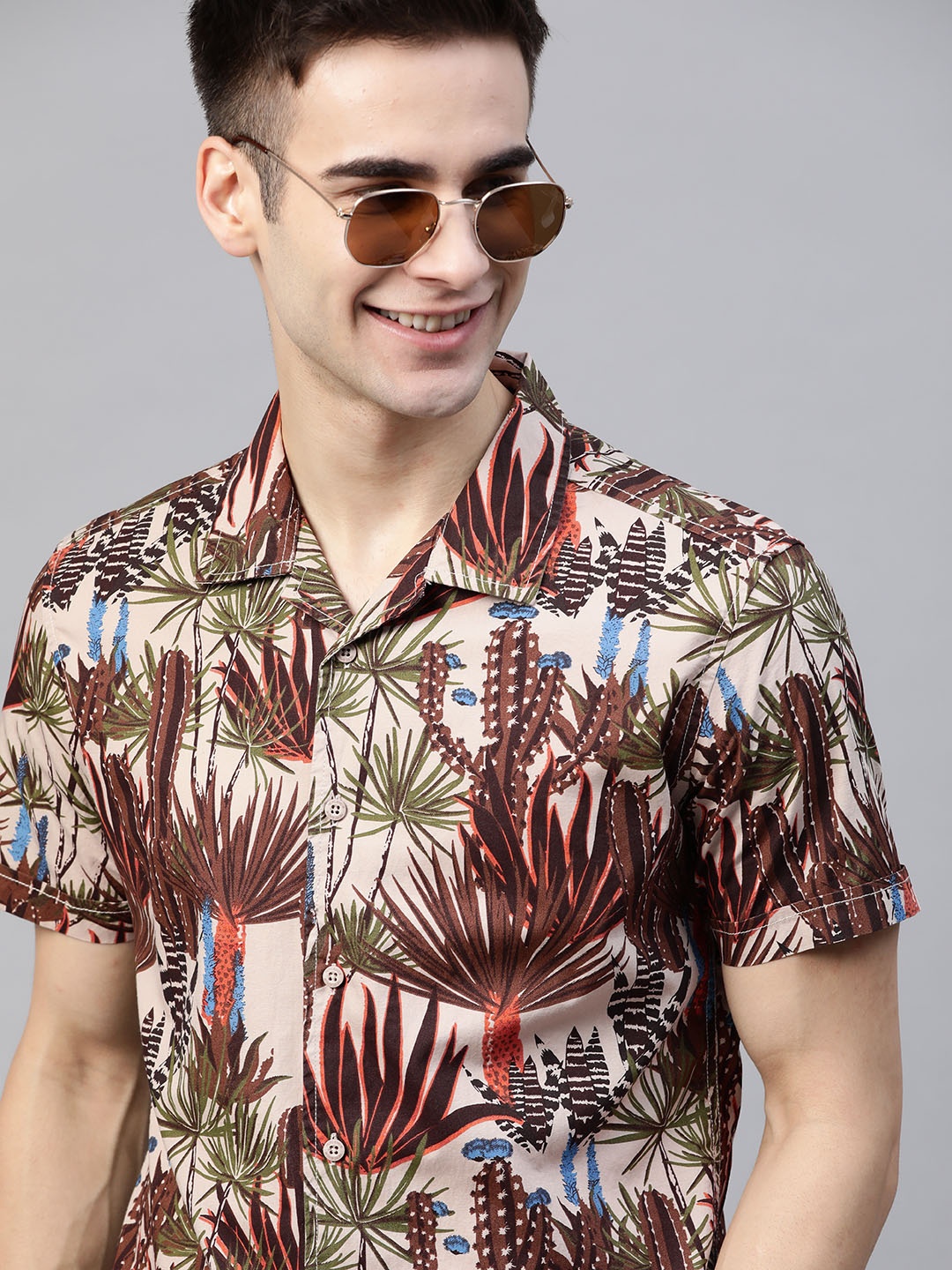 

HERE&NOW Men Brown Slim Fit Pure Cotton Floral Print Casual Shirt