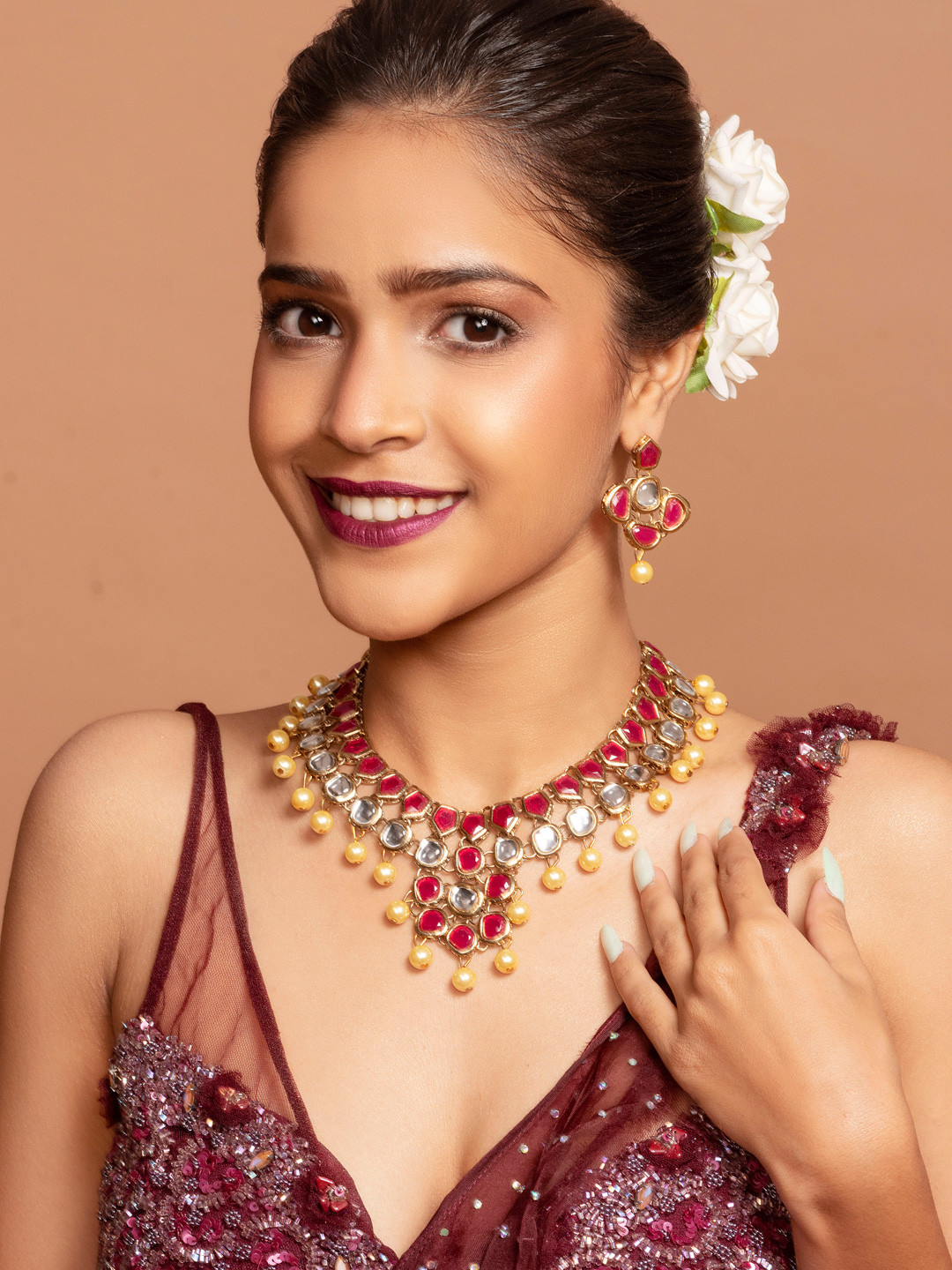 

Fida Gold-Plated Red Kundan-Studded & Beaded Jewellery Set