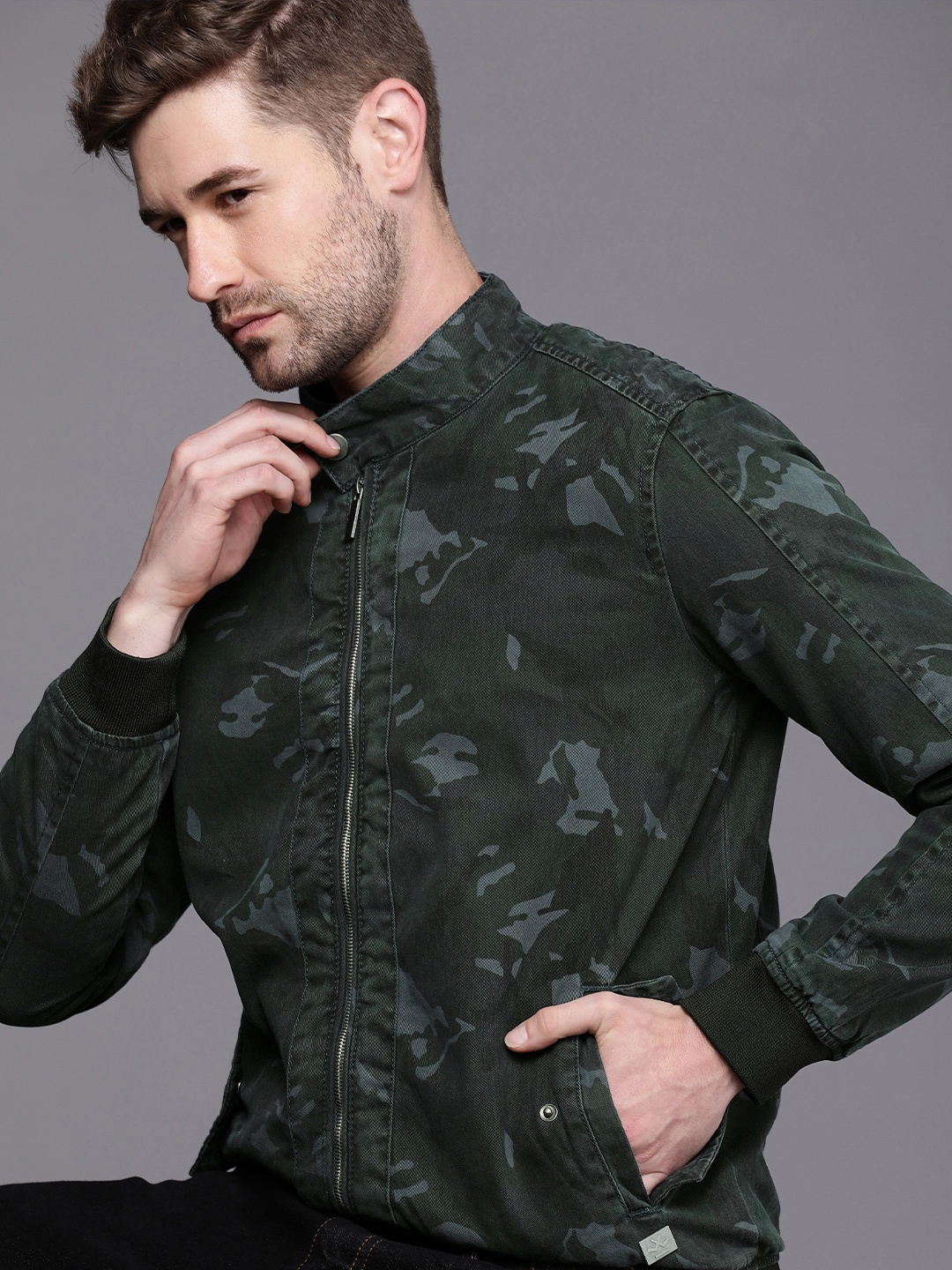 

WROGN Men Charcoal Blue Camouflage Pure Cotton Denim Jacket