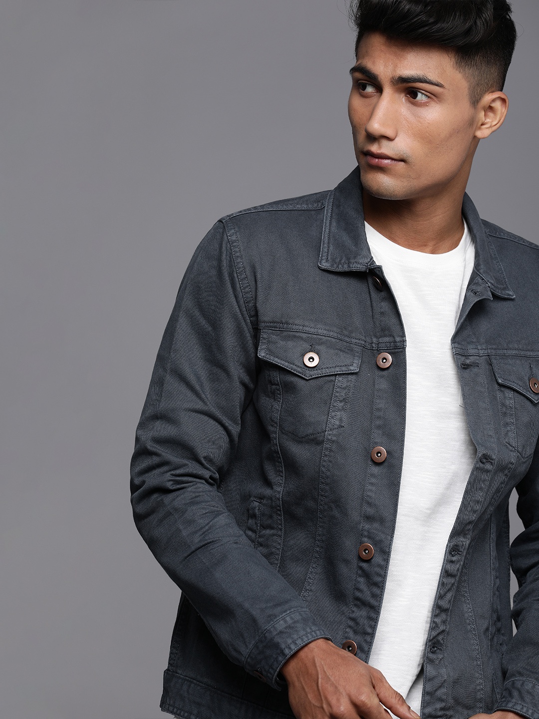 

WROGN Men Blue Solid Pure Cotton Denim Jacket