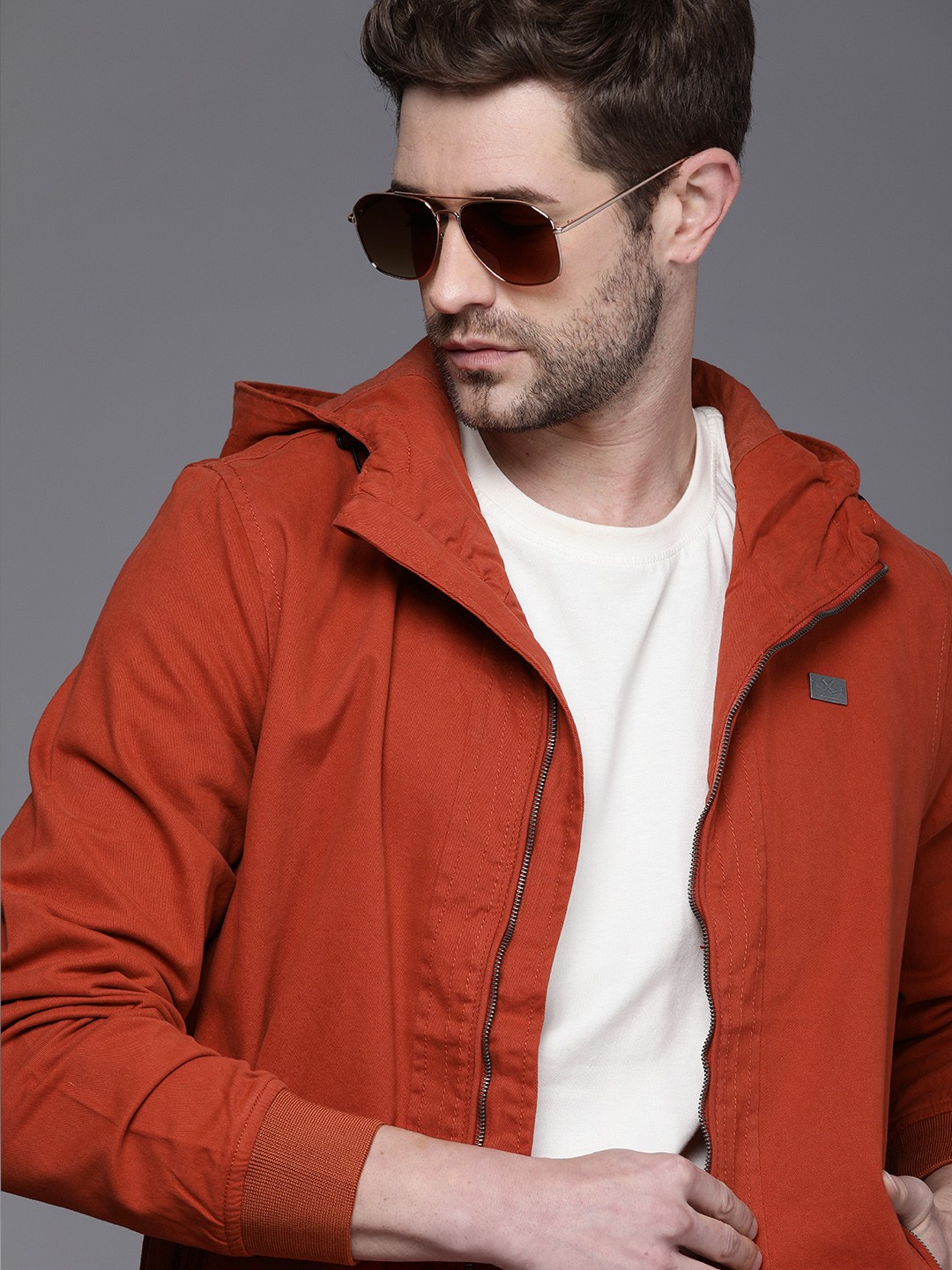 

WROGN Men Rust Red Solid Hooded Bomber Jacket