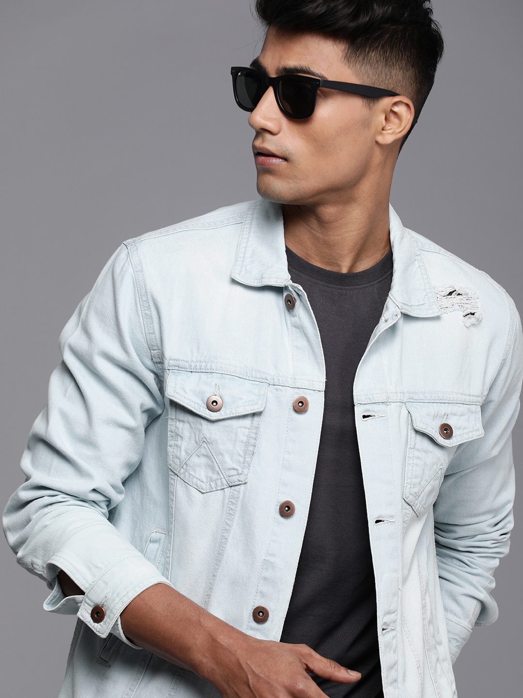 

WROGN Men Blue Solid Pure Cotton Denim Jacket