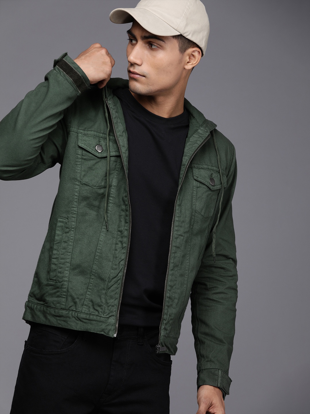 

WROGN Men Olive Green Solid Hooded Pure Cotton Denim Jacket