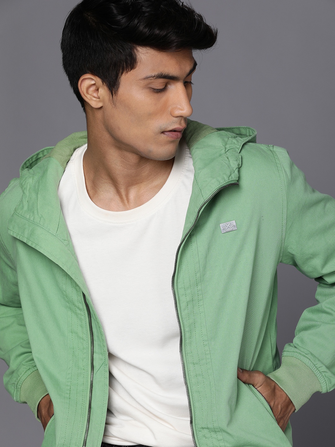 

WROGN Men Green Hooded Bomber Jacket