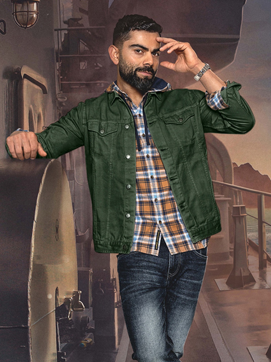 

WROGN Pure Cotton Solid Denim Truckers Jacket, Olive