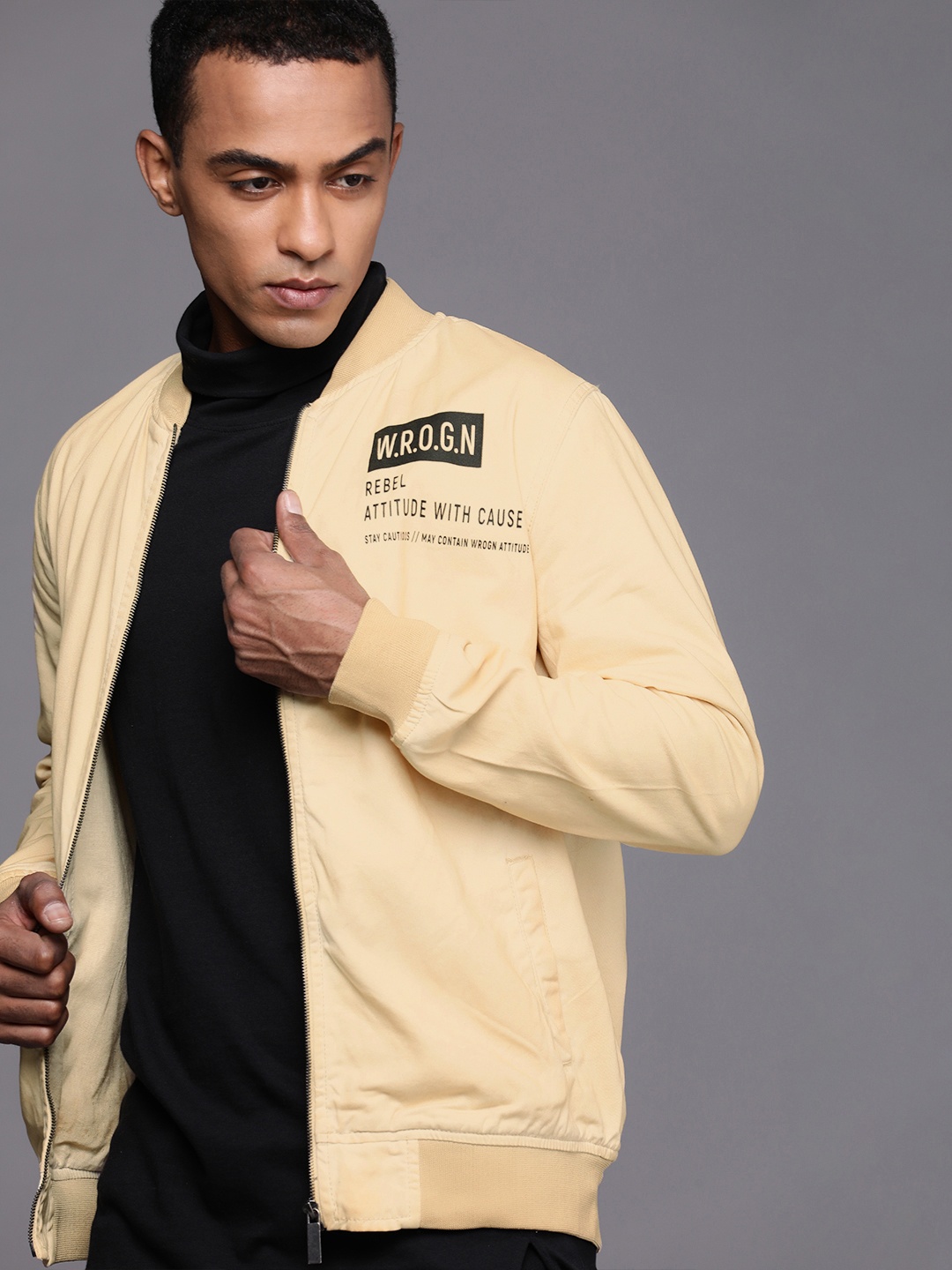 

WROGN Men Beige Brand Logo Bomber Jacket
