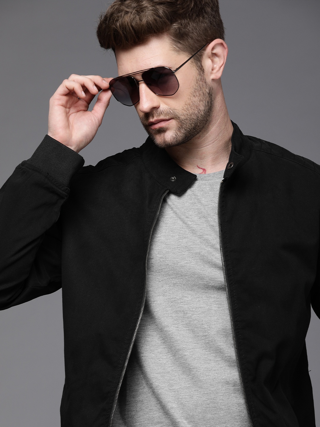 

WROGN Men Black Pure Cotton Bomber Jacket