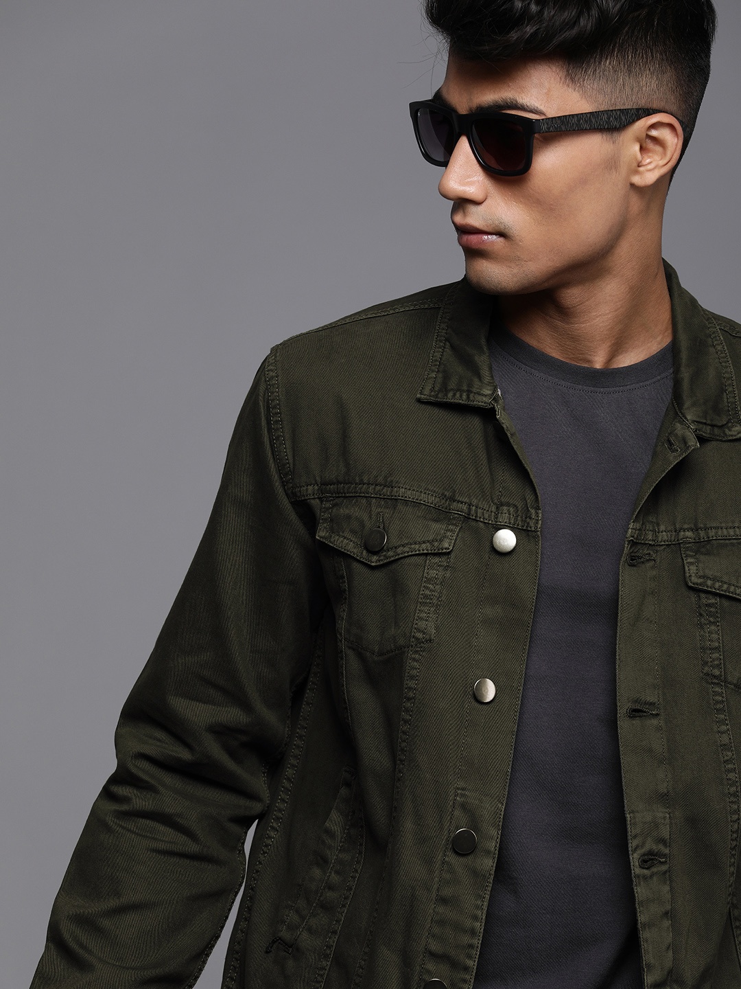 

WROGN Men Olive Green Solid Denim Jacket