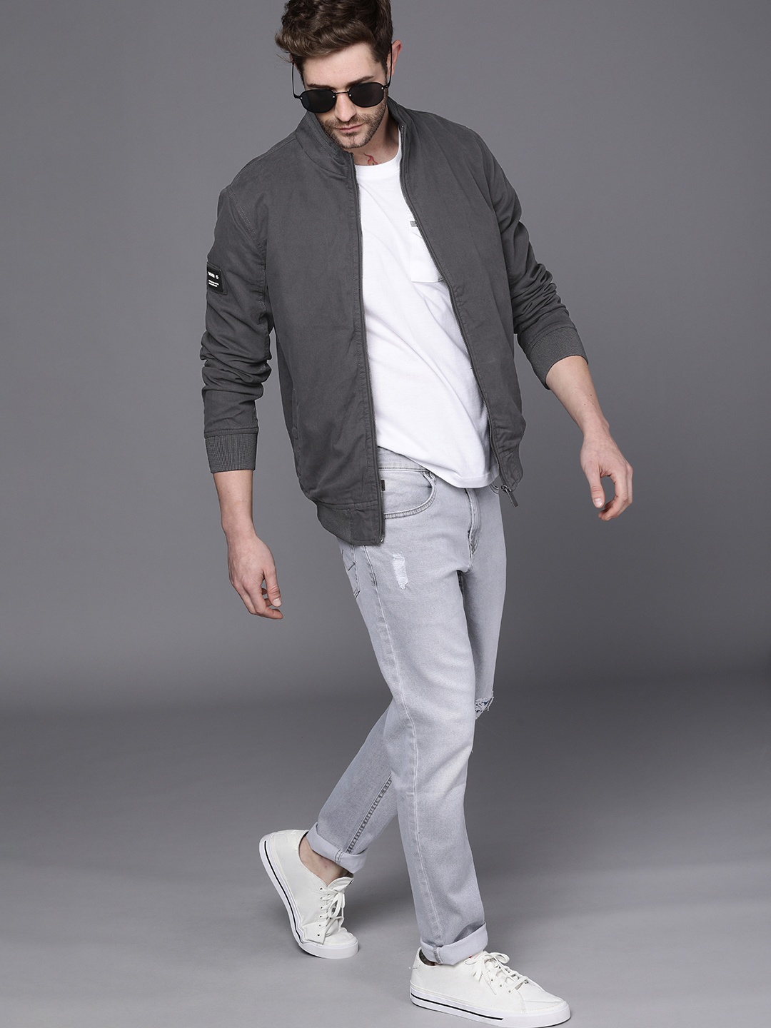 

WROGN Men Charcoal Grey Applique Bomber Jacket