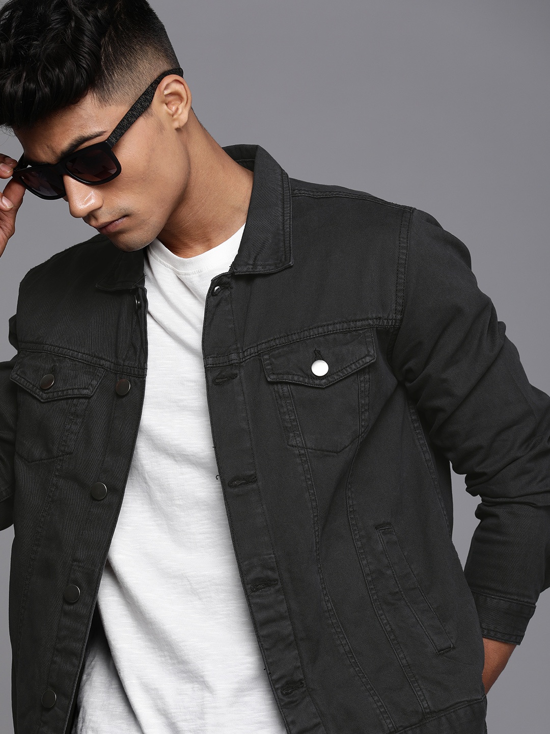 

WROGN Men Solid Black Denim Jacket