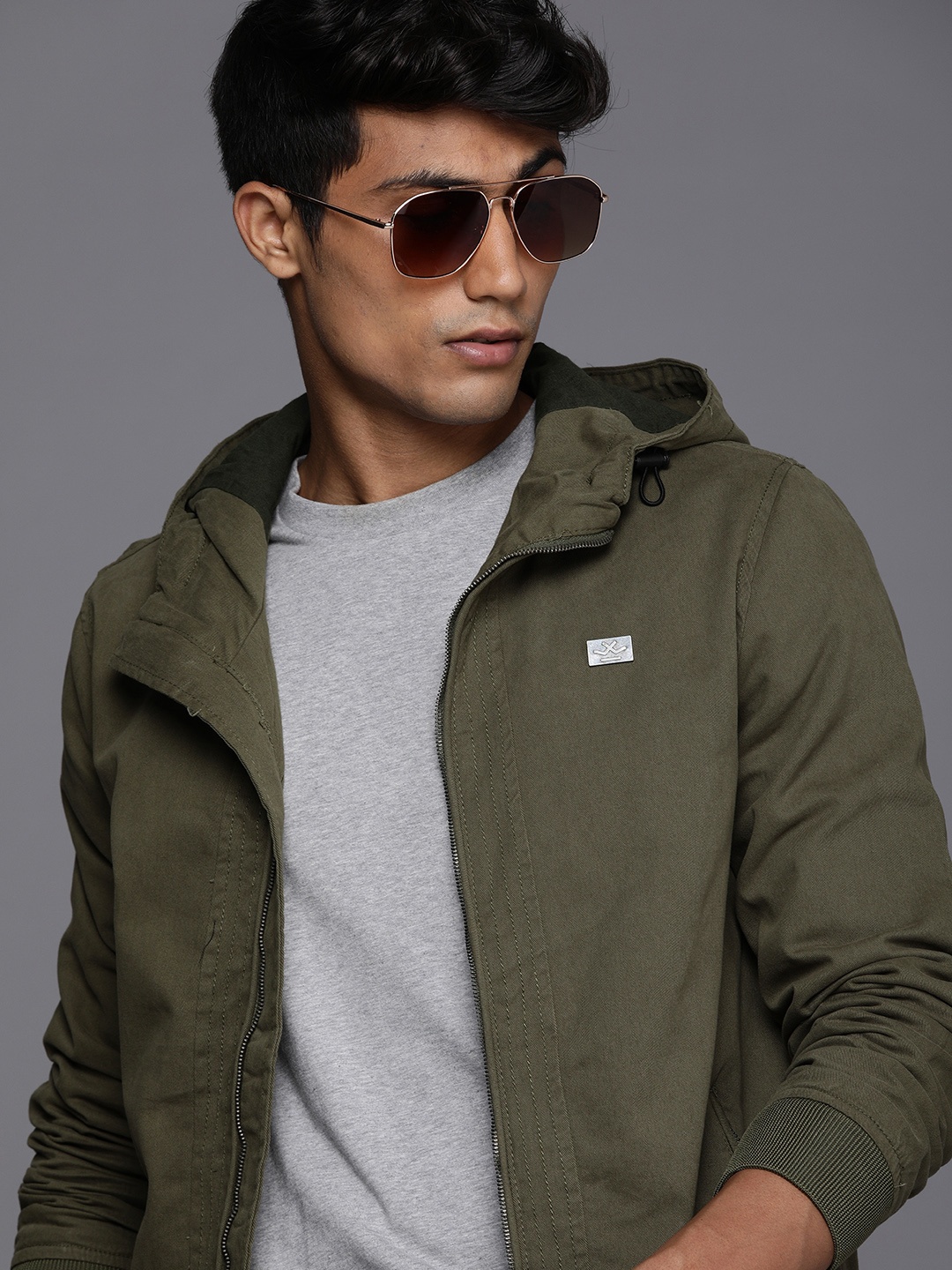 

WROGN Men Olive Green Hooded Bomber Jacket