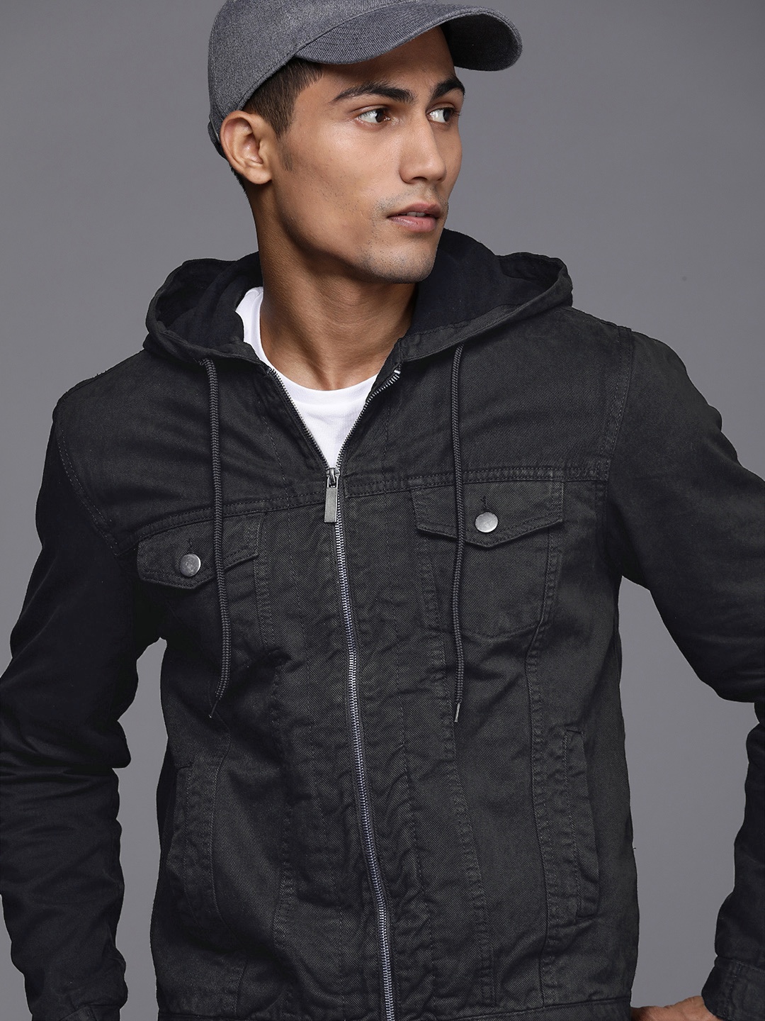 

WROGN Men Black Solid Hooded Pure Cotton Denim Jacket