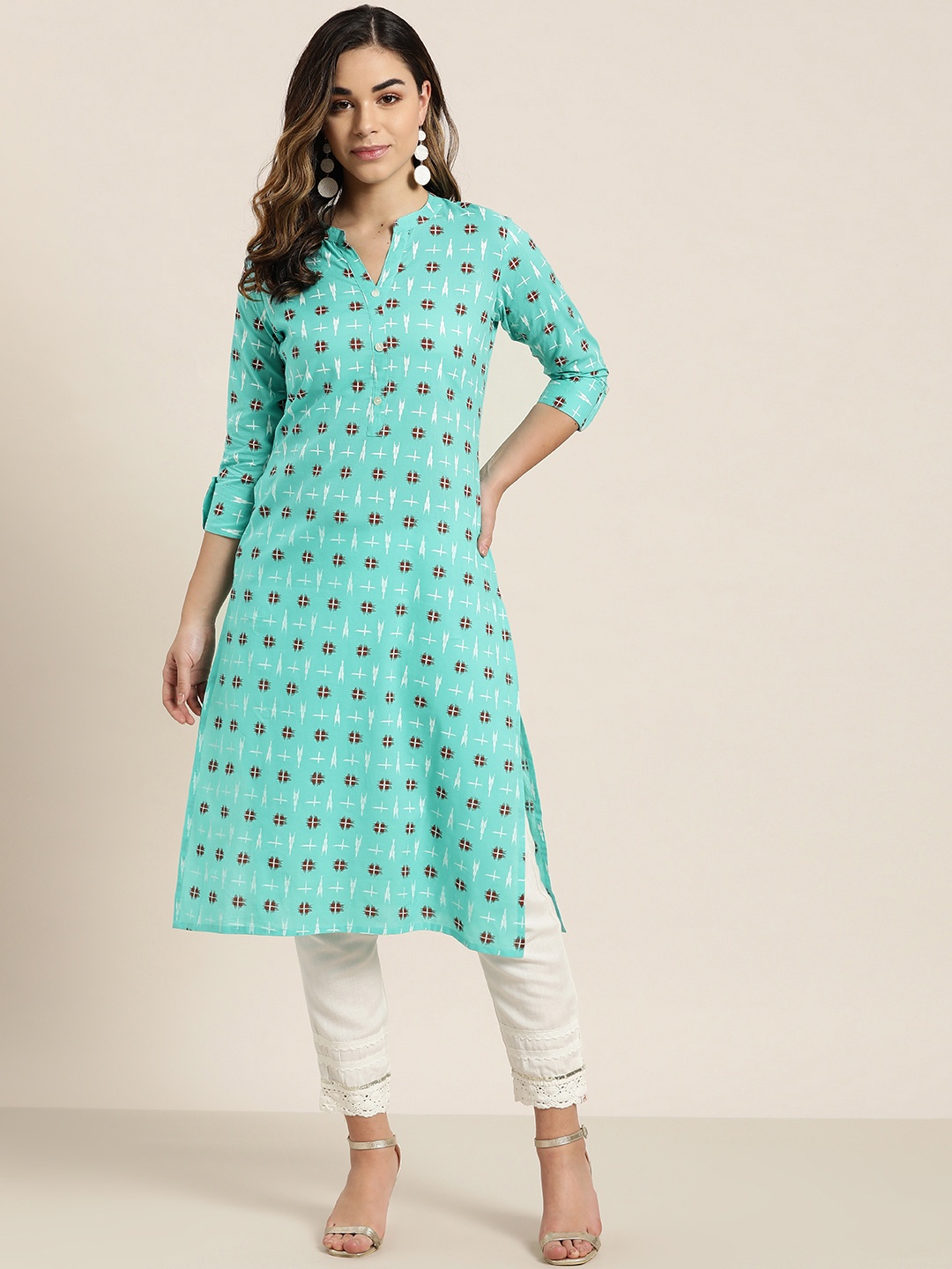 

Sangria Women Sea Green & Rust Red Printed Straight Kurta