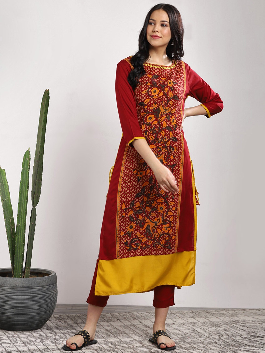 

Sangria Women Maroon & Mustard Yellow Printed Kurta with Trousers & Dupatta