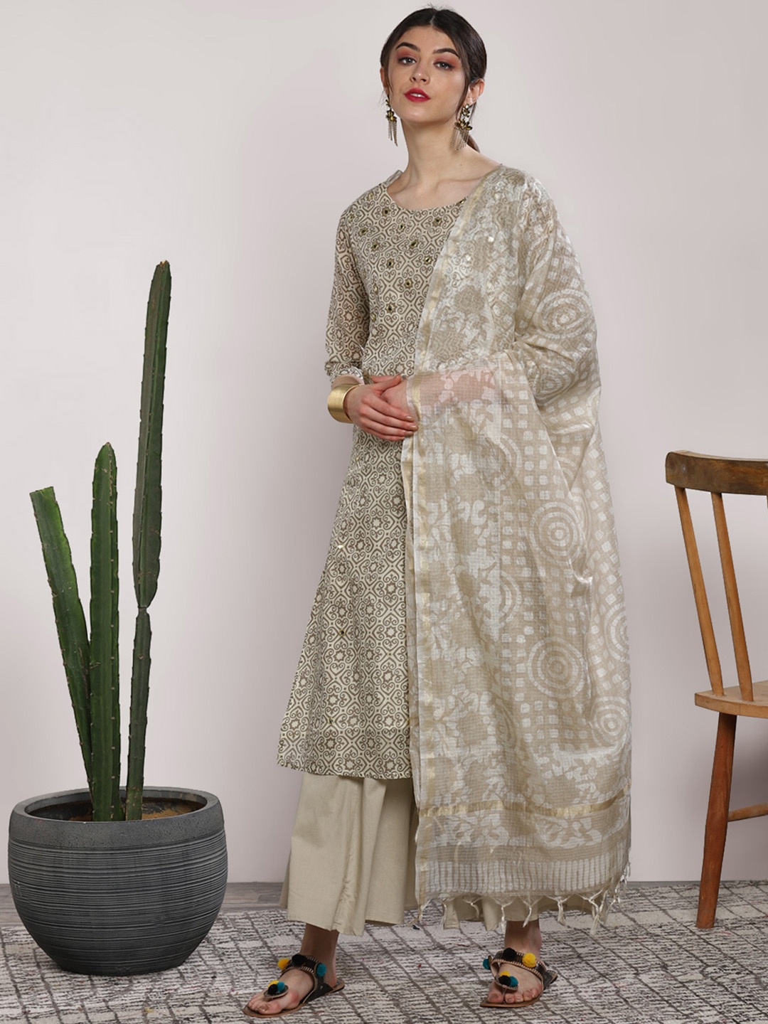 

Sangria Women Beige & Printed Kurta with Palazzos & Dupatta