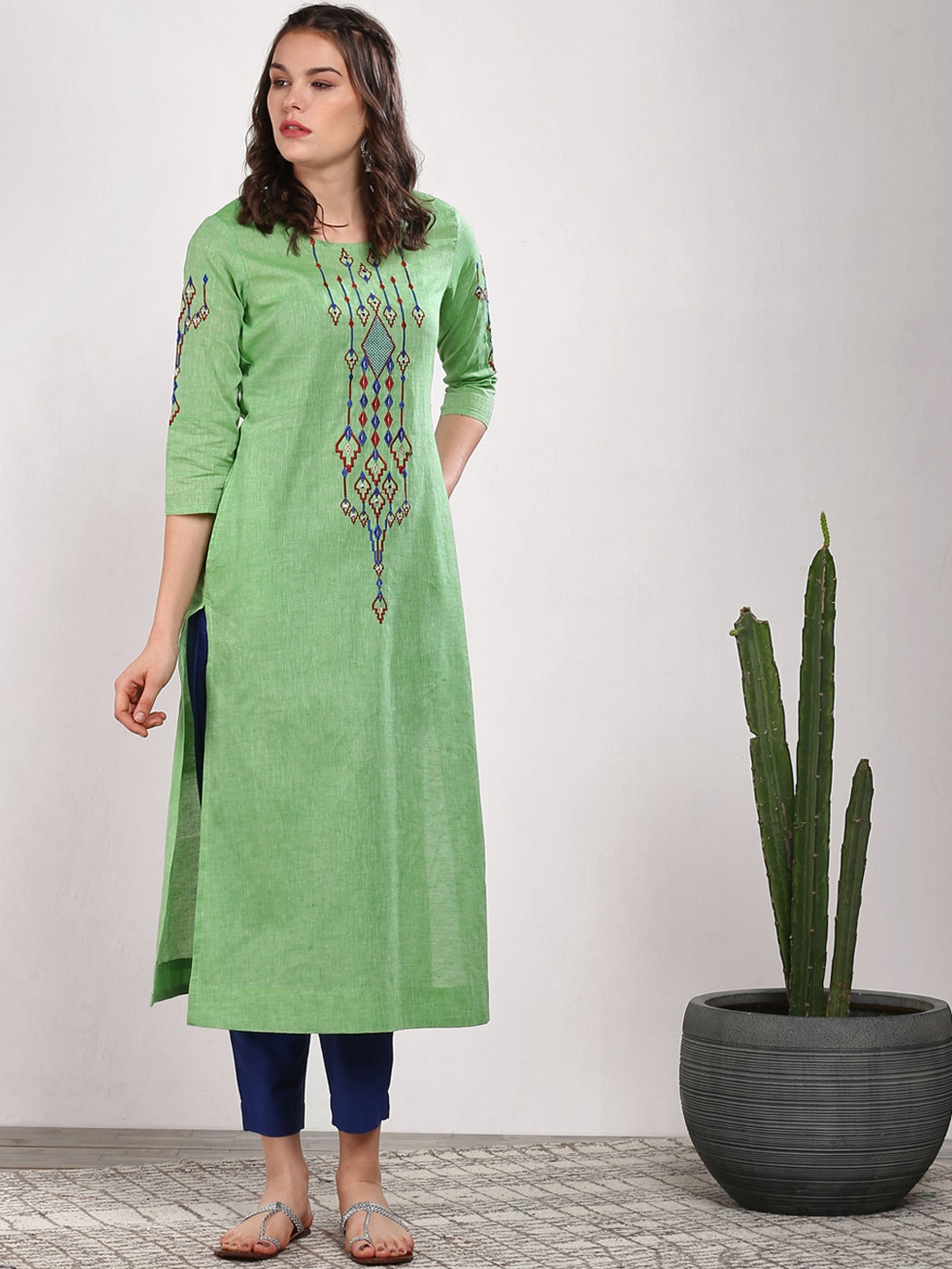 

Sangria Women Green & Blue Embroidered Kurta with Trousers