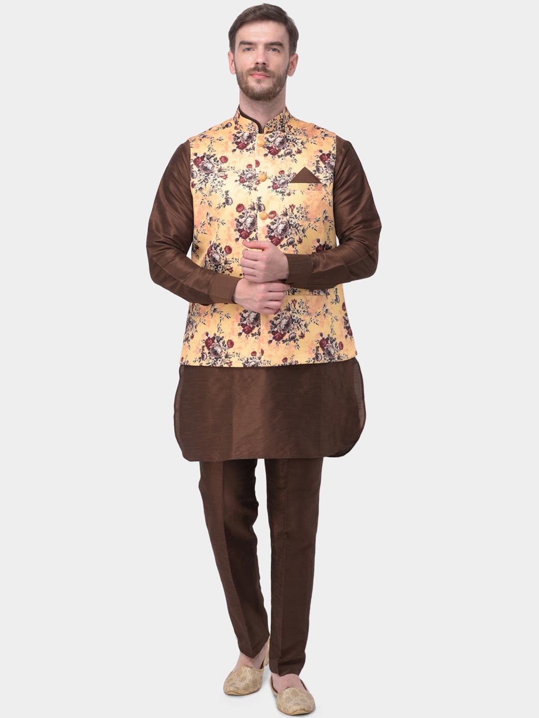 

SG LEMAN Men Brown & Orange Layered Pathani Raw Silk Kurta & Trousers