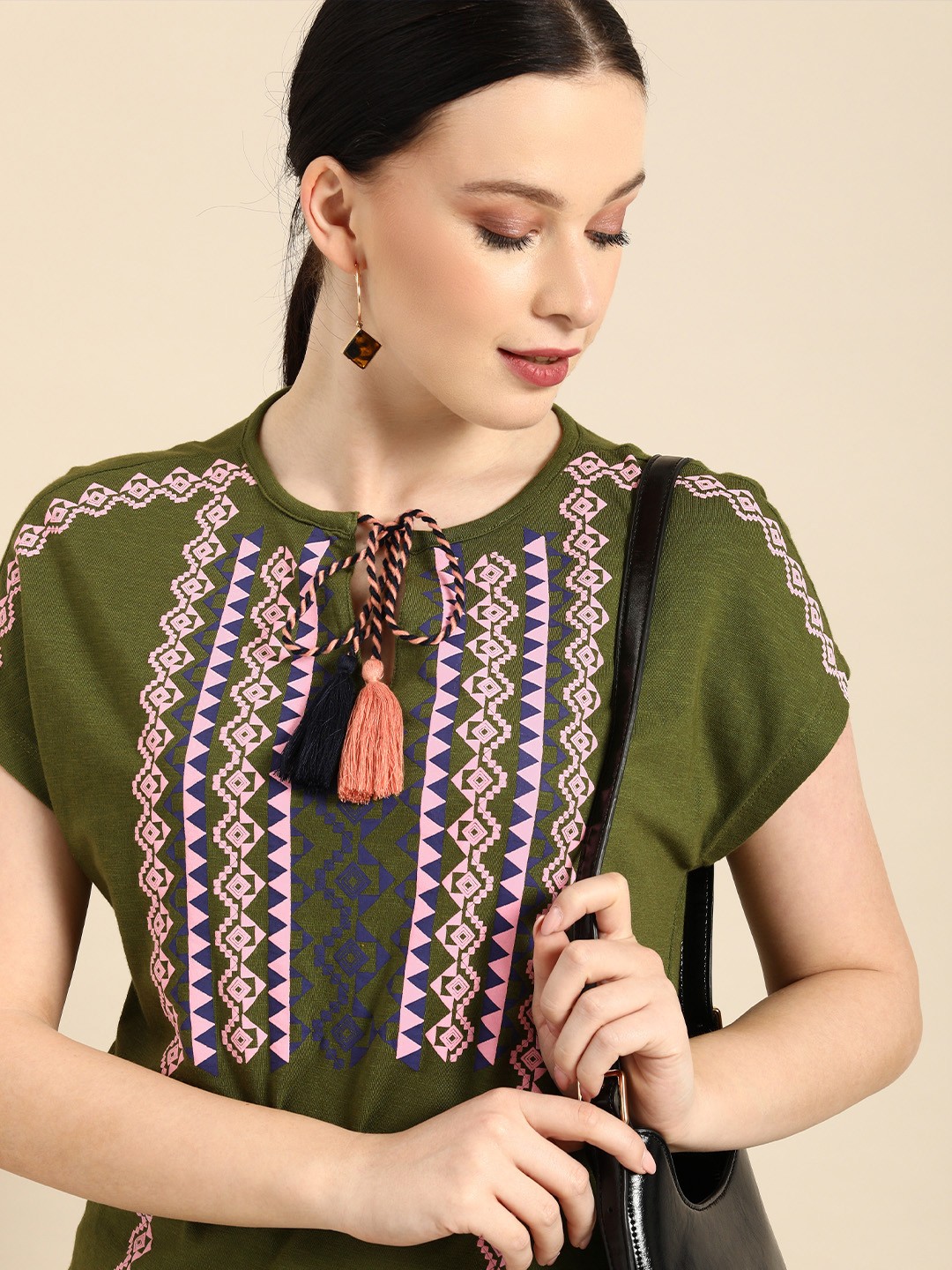 

all about you Women Olive Green Geometric Printed Tie-Up Neck Cotton T-shirt