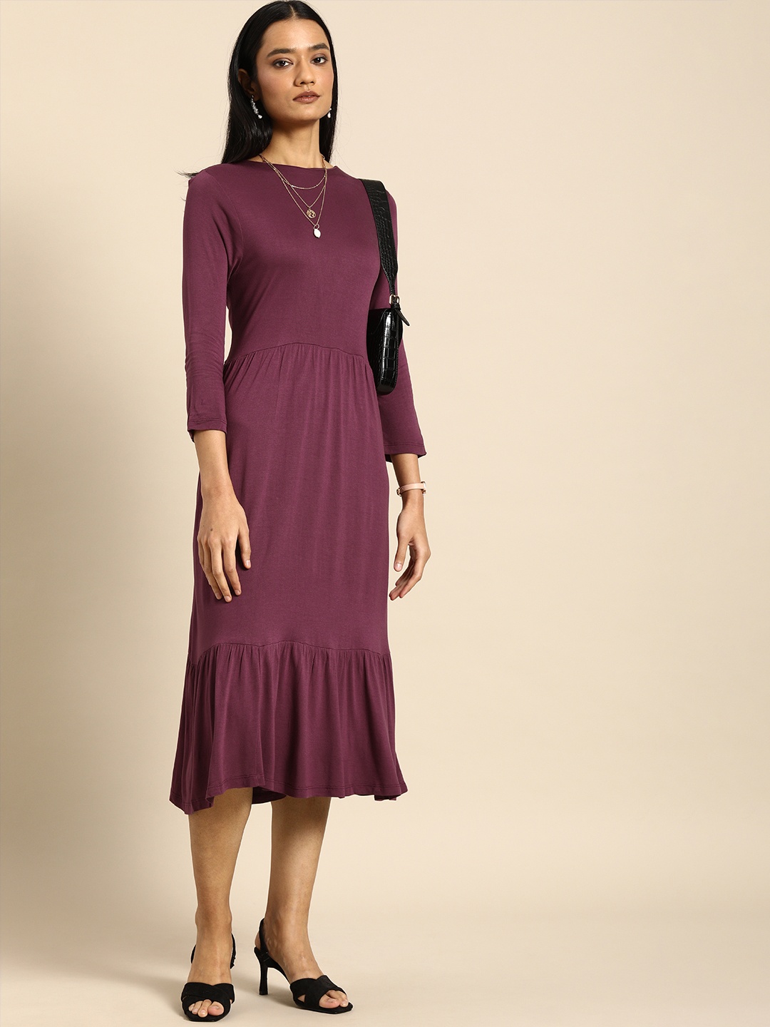 

all about you Magenta Pink Tiered Flounce A-Line Midi Dress